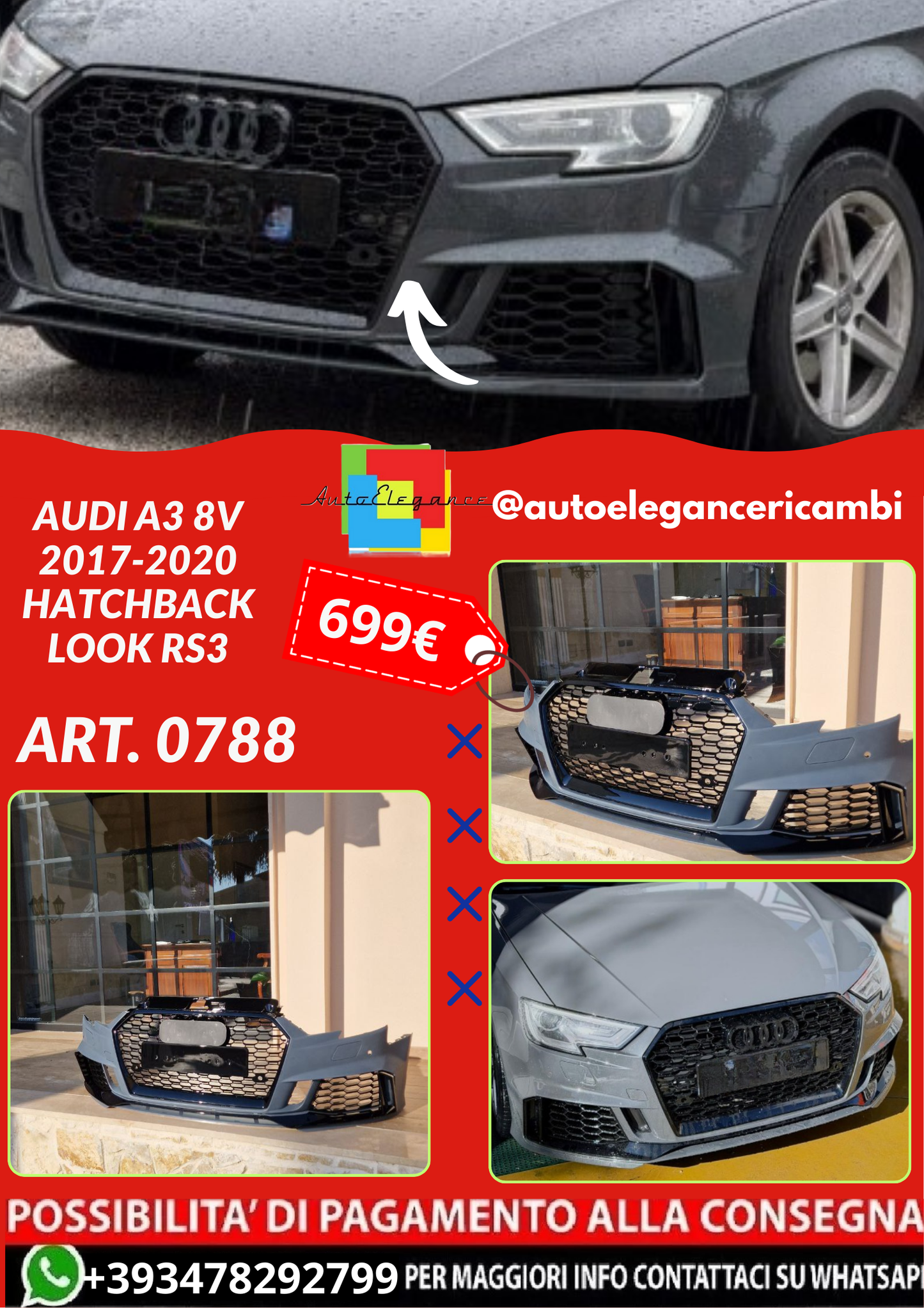 ART. 0788 PARAURTI ANTERIORE AUDI A3 8V 2017-2020 HATCHBACK LOOK RS3