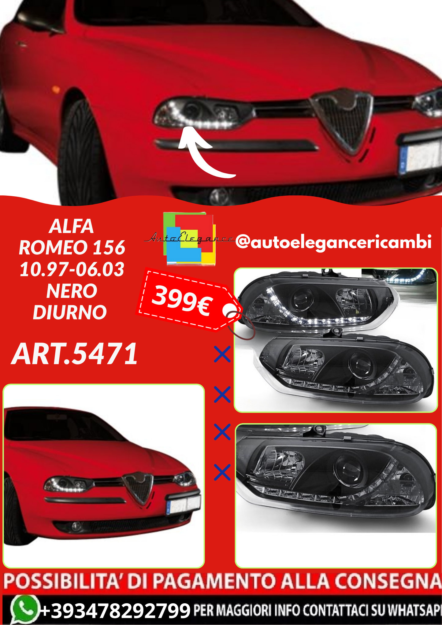 ART.5471 FARI  ANTERIORI ALFA ROMEO 156 10.97-06.03 NERO DIURNO