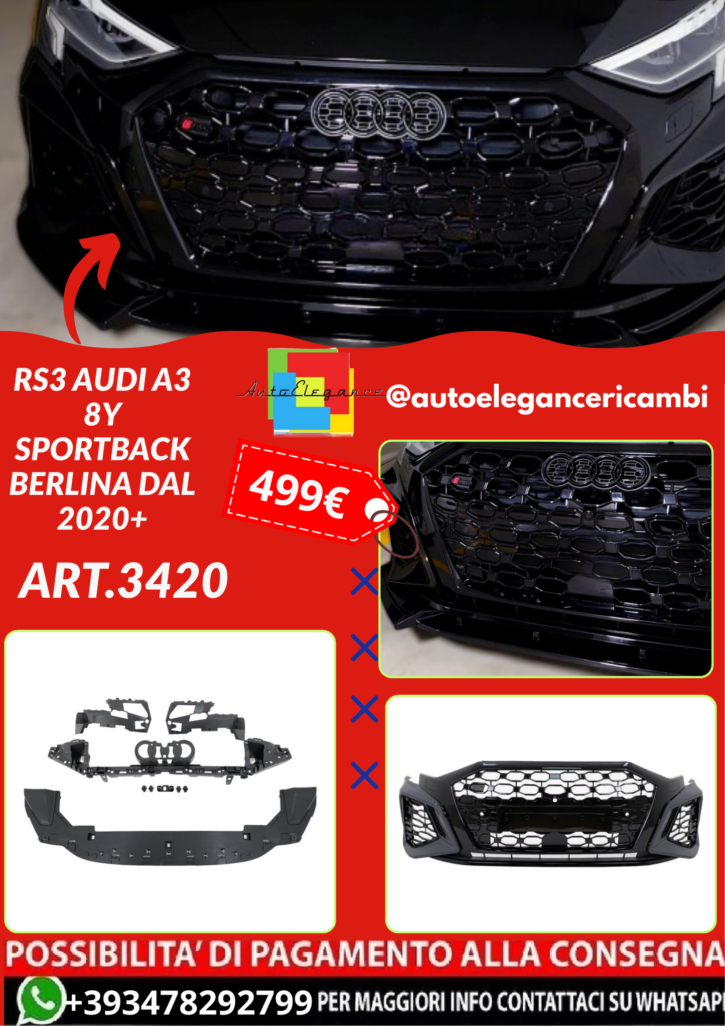 ART.3420 Paraurti anteriore RS3 Audi A3 8Y Sportback Berlina dal 2020+