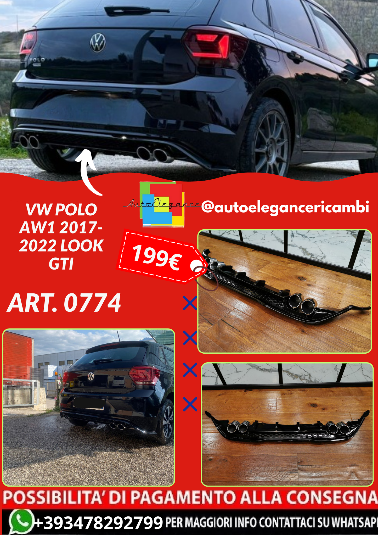 ART. 0774 DIFFUSORE VW POLO AW1 2017-2022 LOOK GTI NERO LUCIDO CON TERMINAL