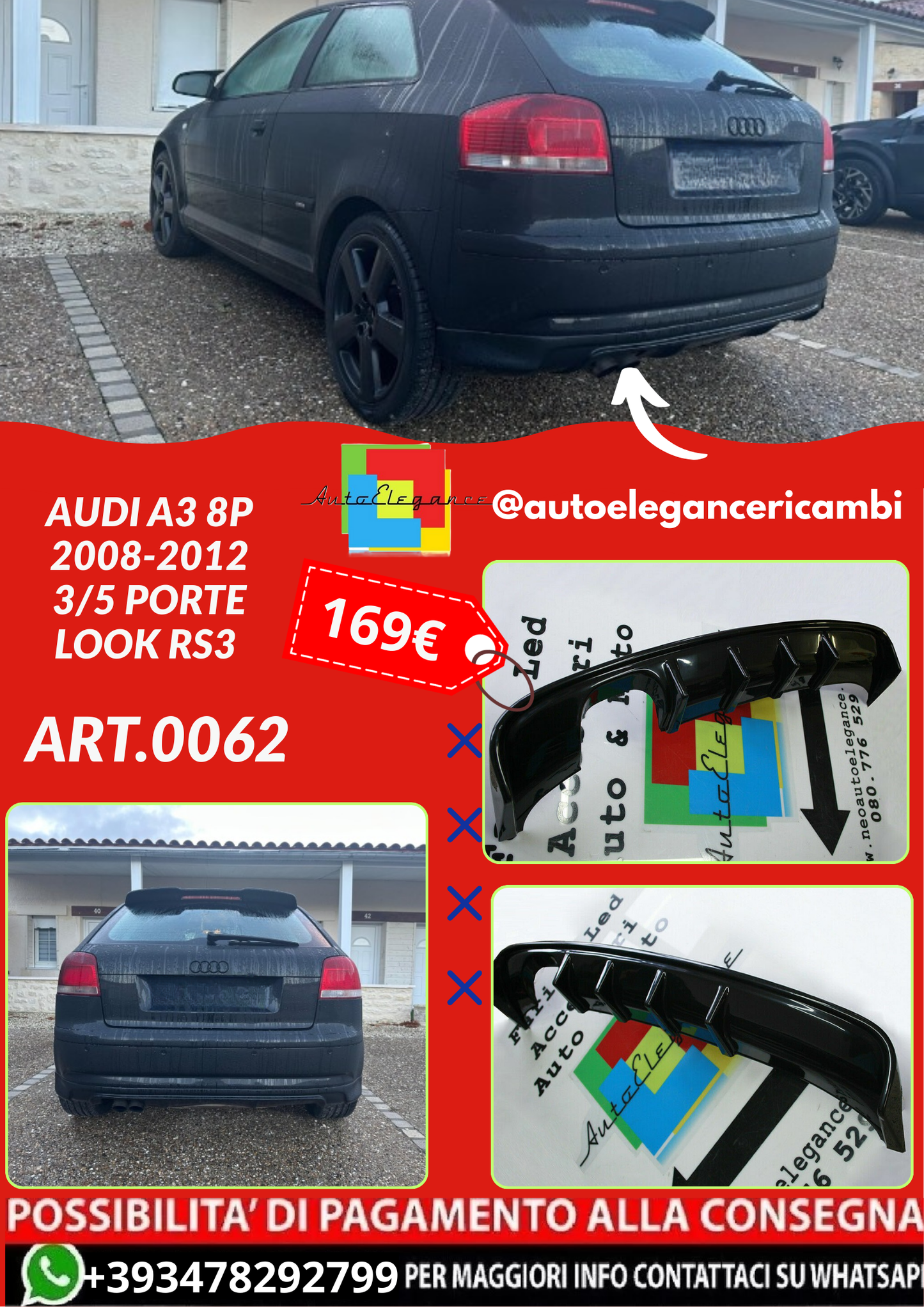 ART.0062  DIFFUSORE AUDI A3 8P 2008-2012 3/5 PORTE LOOK RS3 NERO LUCIDO