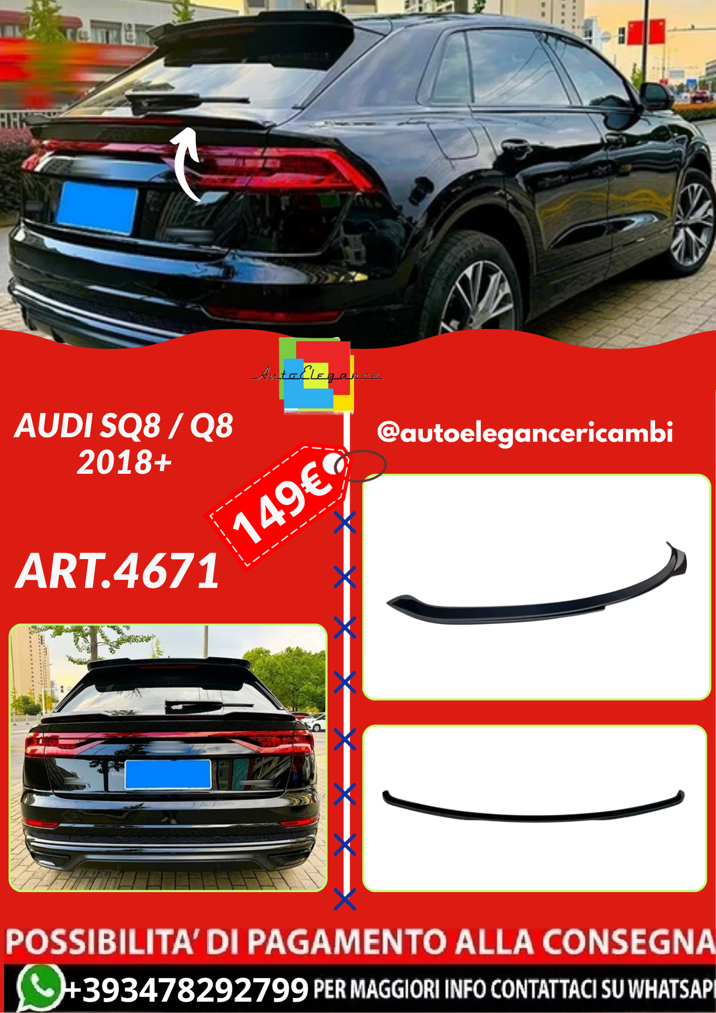 ART.4671 Spoiler Audi SQ8 / Q8 2018+ Look SLine Nero lucido