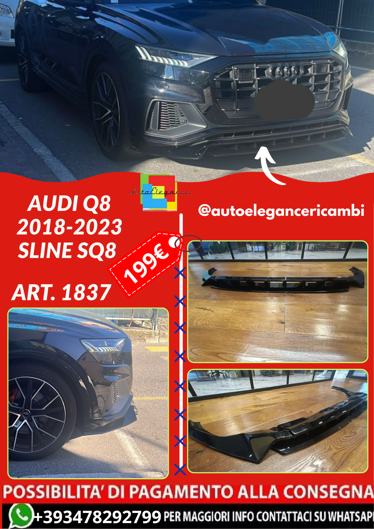 ART. 1837 SPLITTER AUDI Q8 2018-2023 SLINE SQ8 NERO LUCIDO (4 PEZZI)
