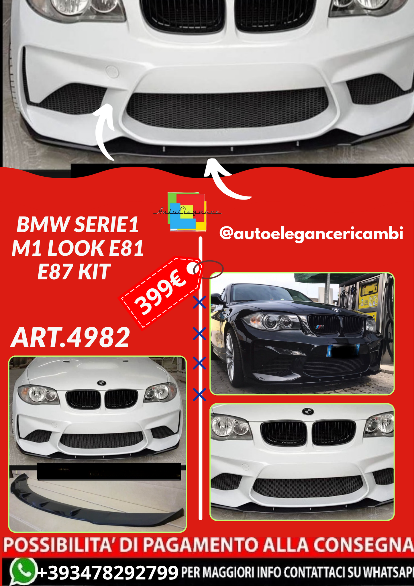 ART.4982  Paraurti completo + splitter  BMW Serie1 M1 Look E81 E87 kit
