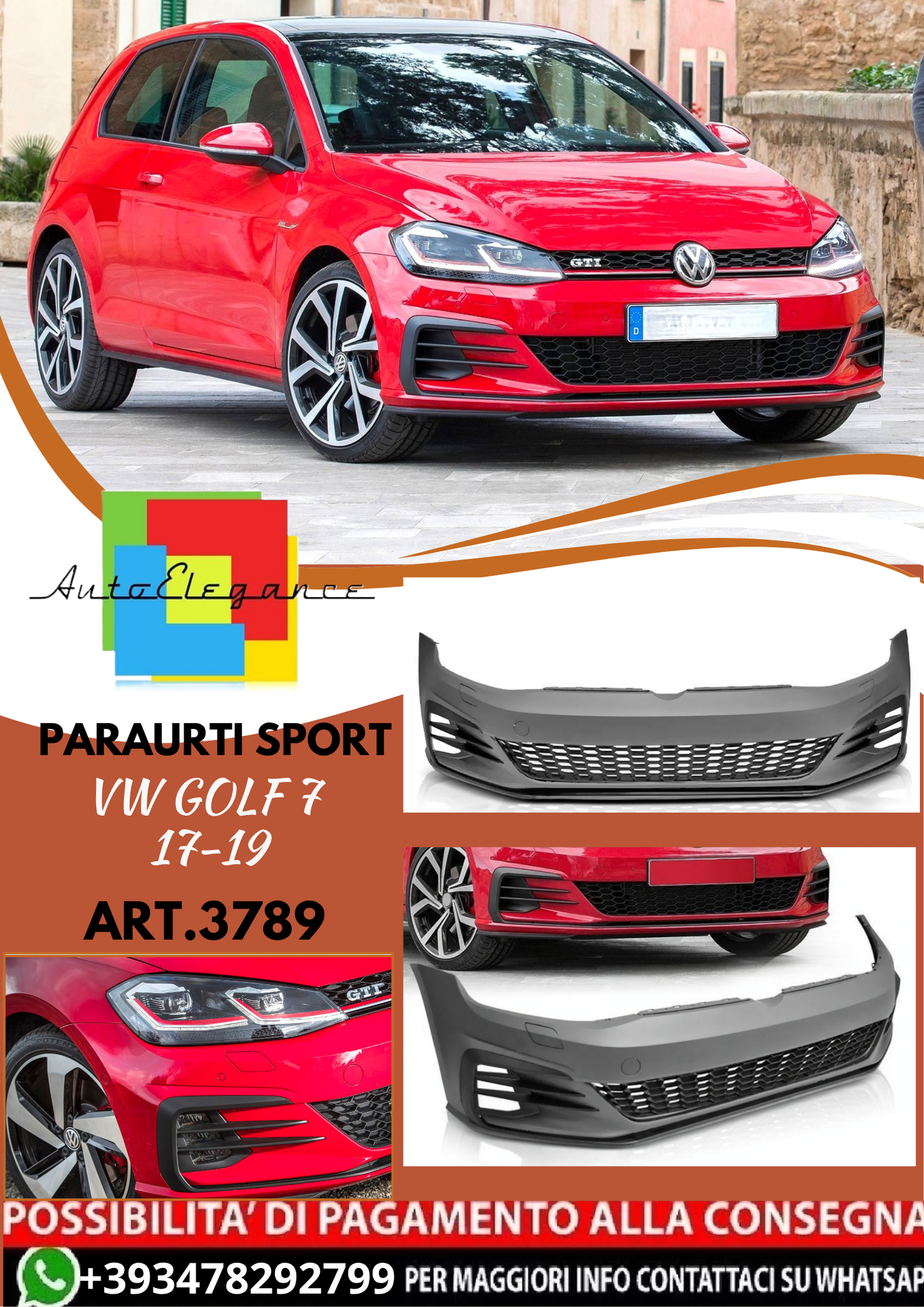 💥ART.3789 PARAURTI ANTERIORE SPORT adato per VW GOLF 7 17-19 LOOK GTI💥