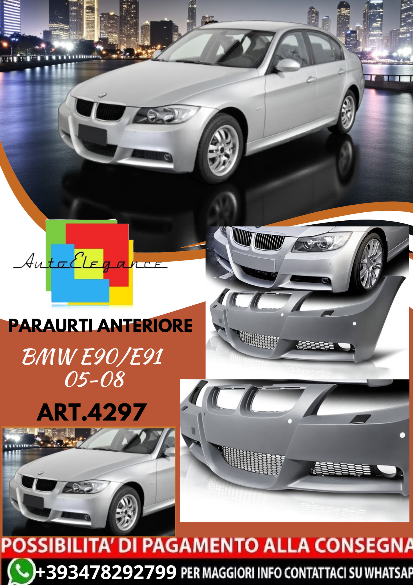 💥ART.4297 Paraurti Anteriore adatto per BMW E90/E91 05-08 LOOK M3💥