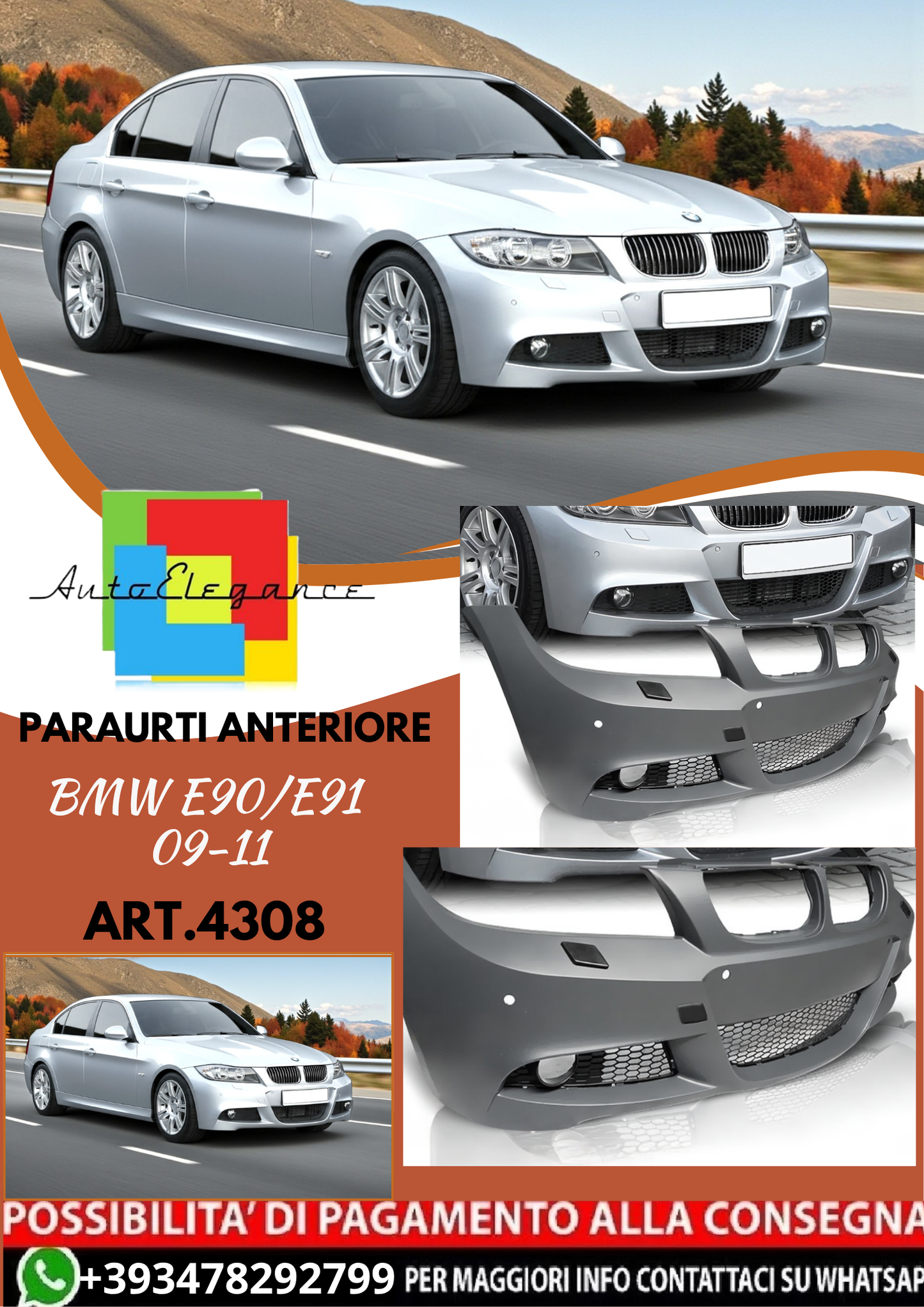 💥ART.4308 Paraurti Anteriore adatto per BMW E90/E91 09-11 LOOK M3💥