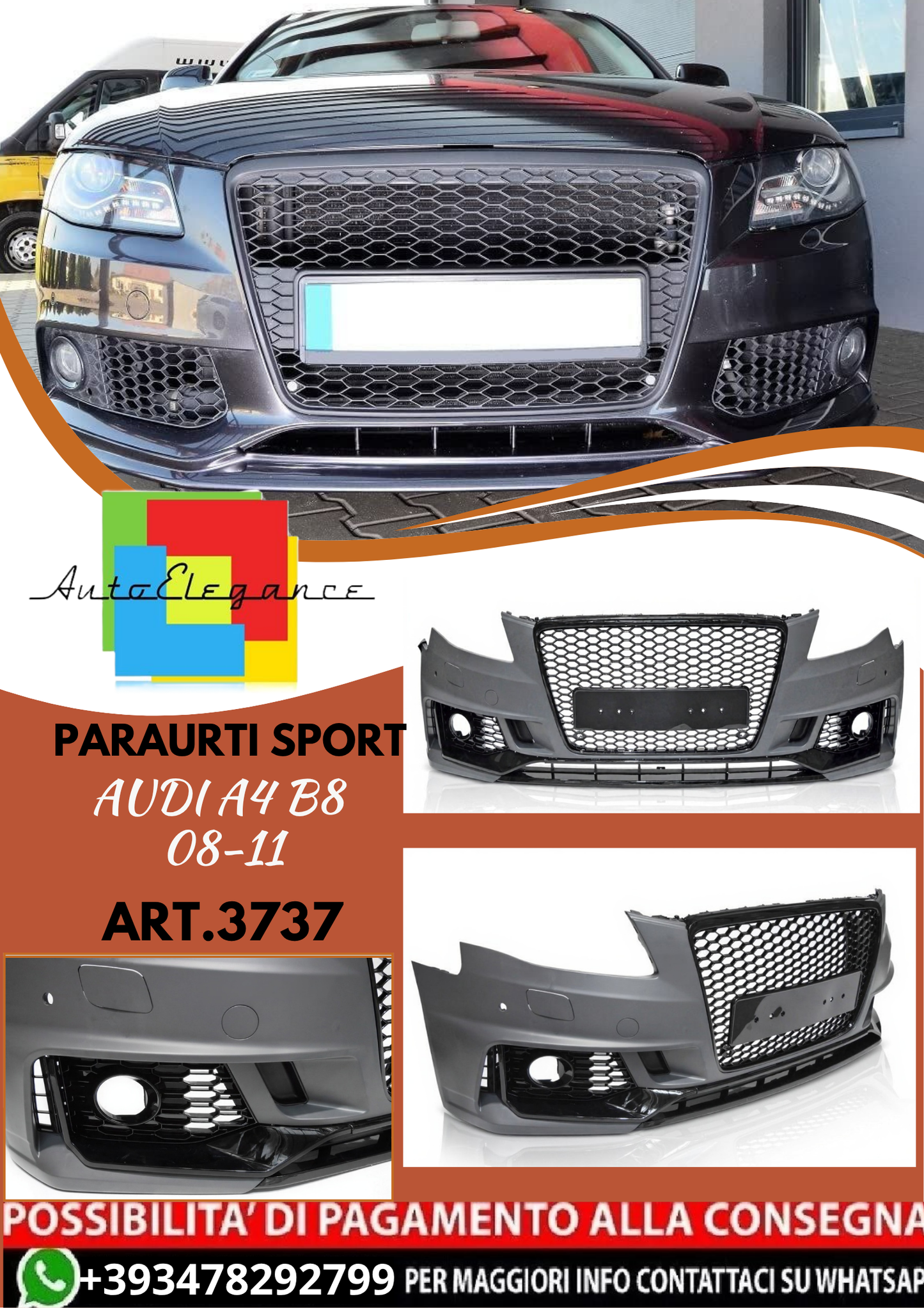 💥ART.3737 PARAURTI ANTERIORE SPORT adatto per AUDI A4 B8 08-11💥