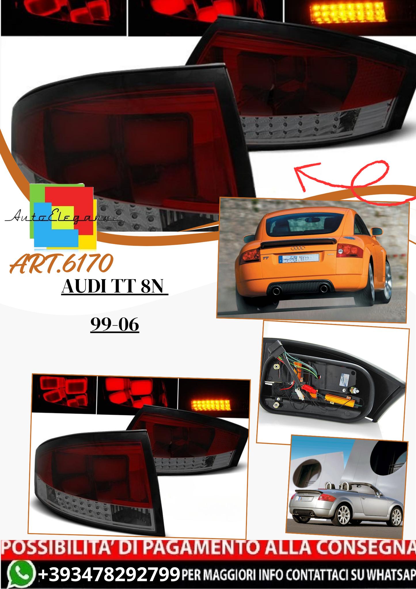 💫ART.6170 Fanali posteriori LED rosso fume adatti per Audi TT 8N 1999–2006💫