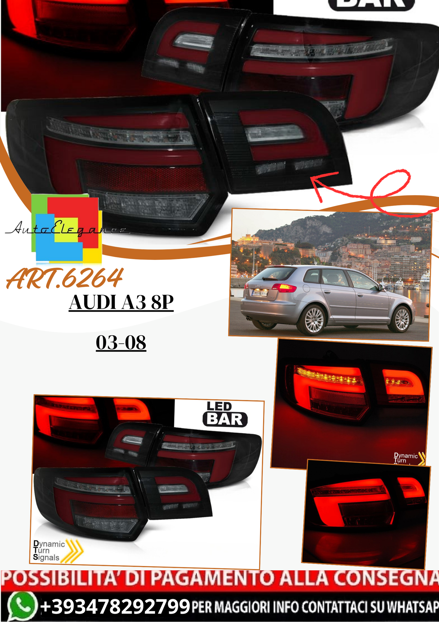💫ART.6264 Fanali posteriori LED neri adatti per AUDI A3 8P 03-08💫