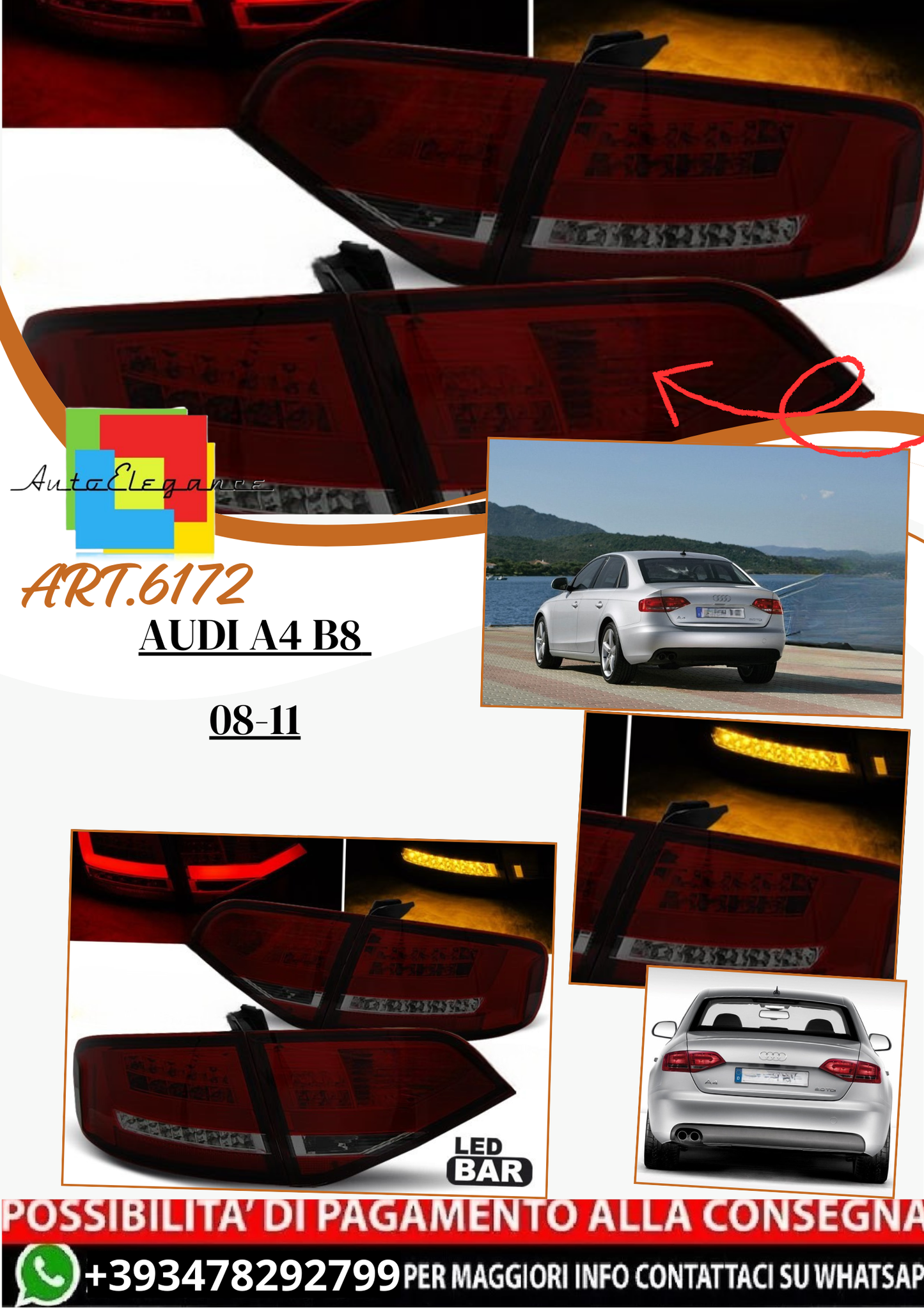 💫 ART.6172 Fanali posteriori LED rosso fume adatti per Audi A4 B8 Berlina 2008–2011 💫