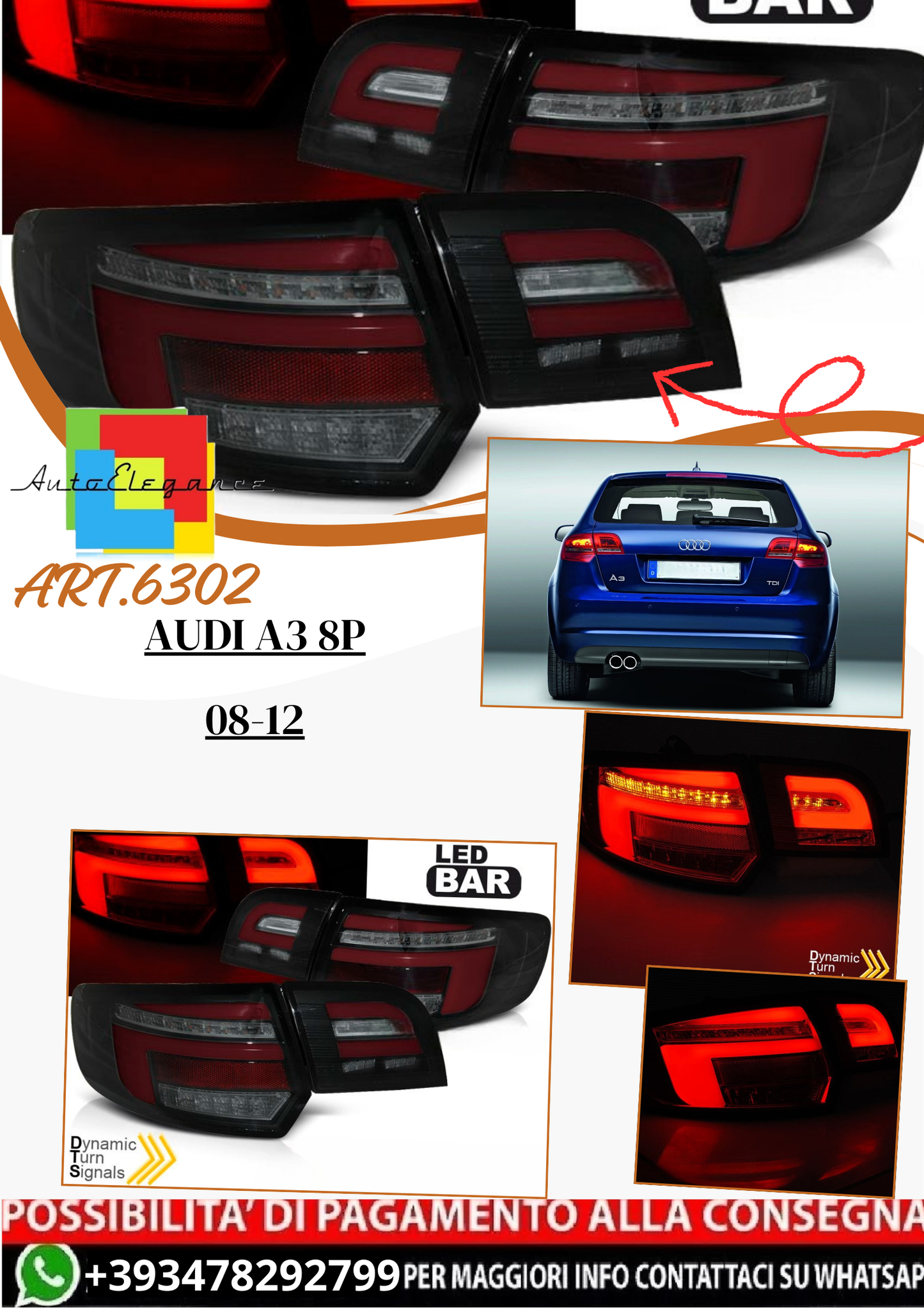 💫ART.6302 Fanali posteriori LED neri adatti per AUDI A3 8P 08-12💫