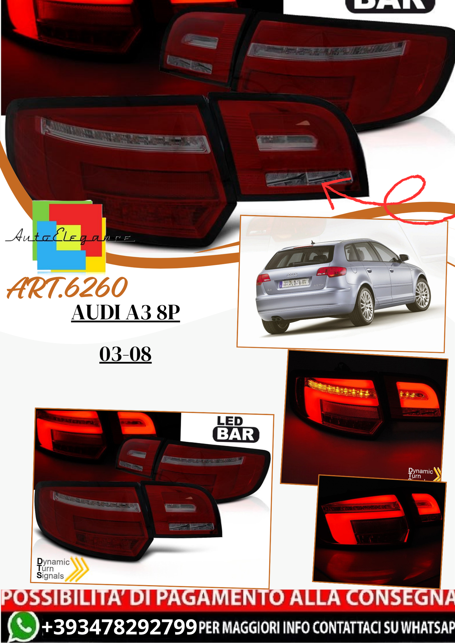 💫 ART.6260 Fanali posteriori LED rosso fume adatti per AUDI A3 8P 03-08 💫