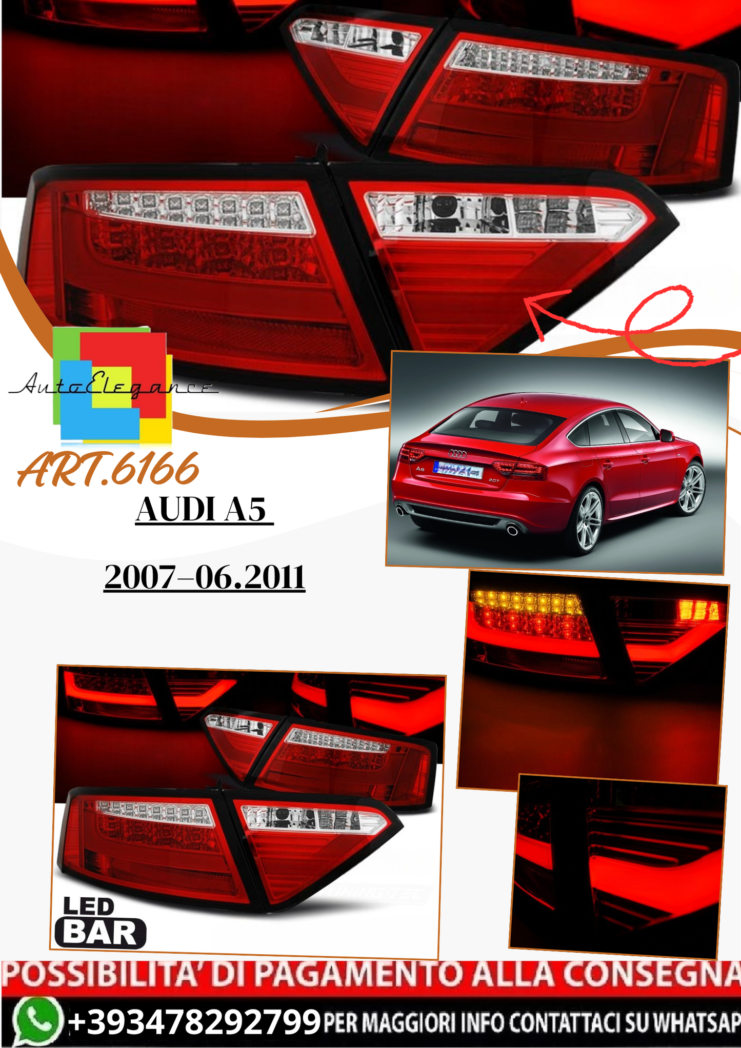 💫 ART.6166 Fanali posteriori LED BAR rosso adatti per Audi A5 2007–06.2011 💫