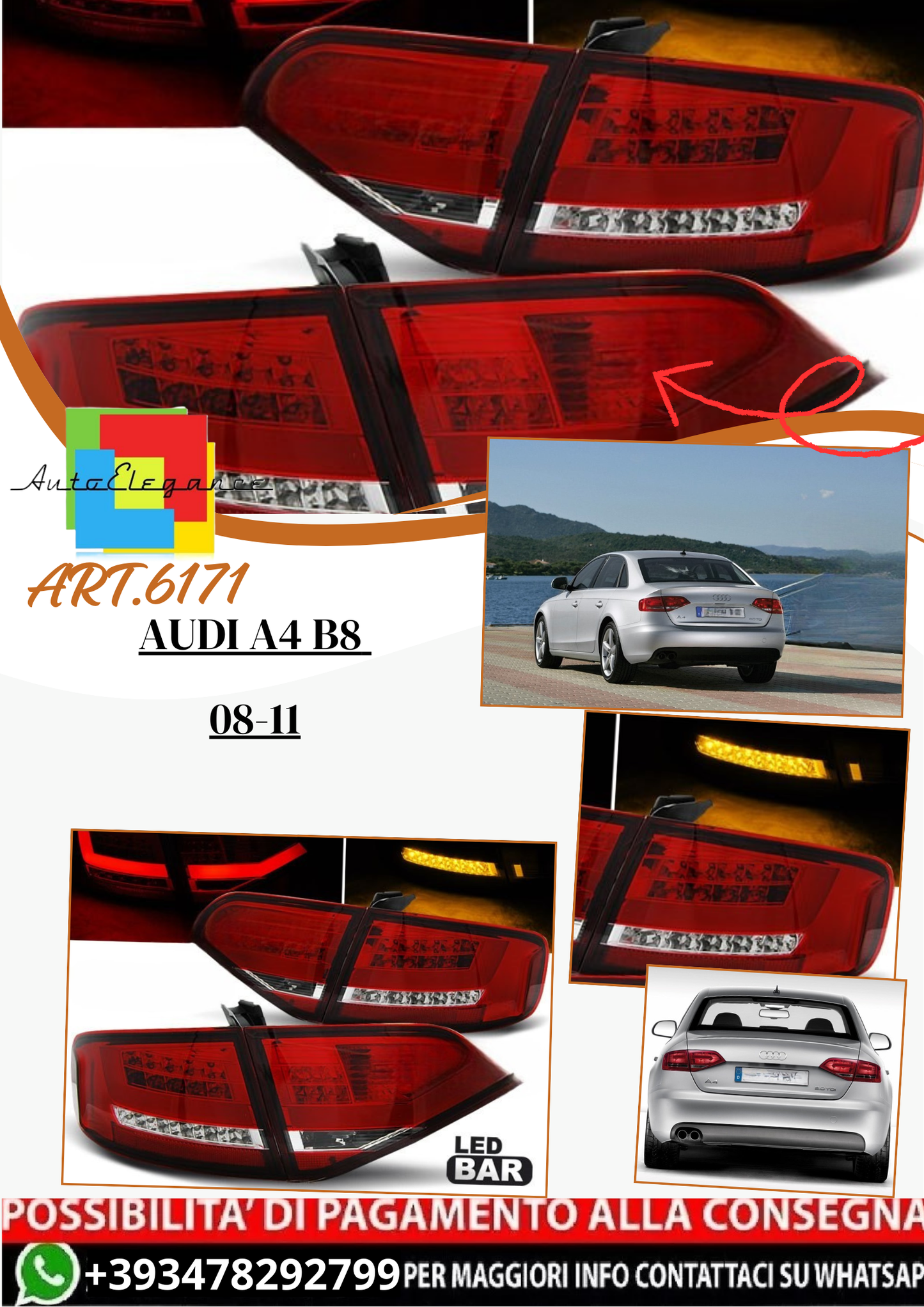 💫 ART.6171 Fanali posteriori LED rosso bianco adatti per Audi A4 B8 Berlina 2008–2011 💫