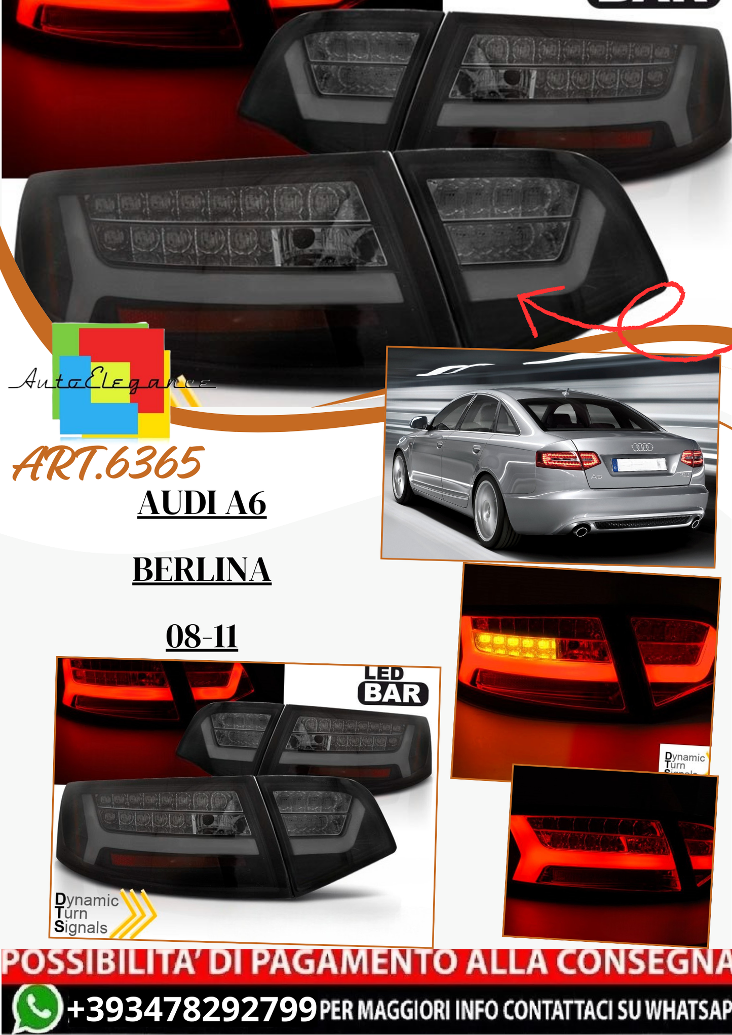 💫ART.6365 Fanali posteriori LED neri adatti per AUDI A6 08-11💫