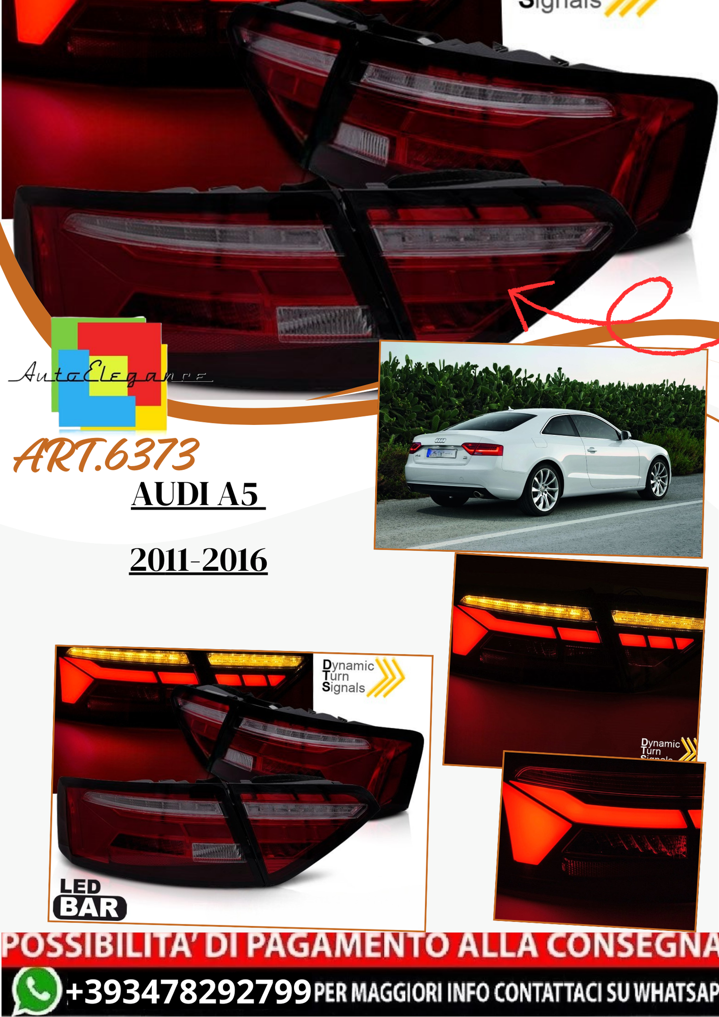 💫ART.6373 Fanali posteriori LED rosso fume adatti per AUDI A5 2011-2016💫