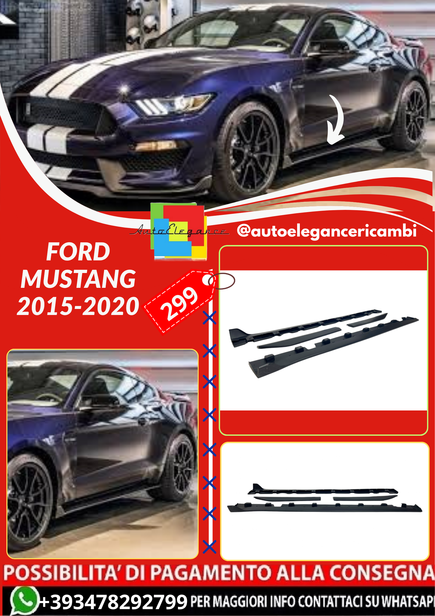 ART.4522 Minigonne Ford Mustang 2015-2020 Look GT500 II Nero opaco