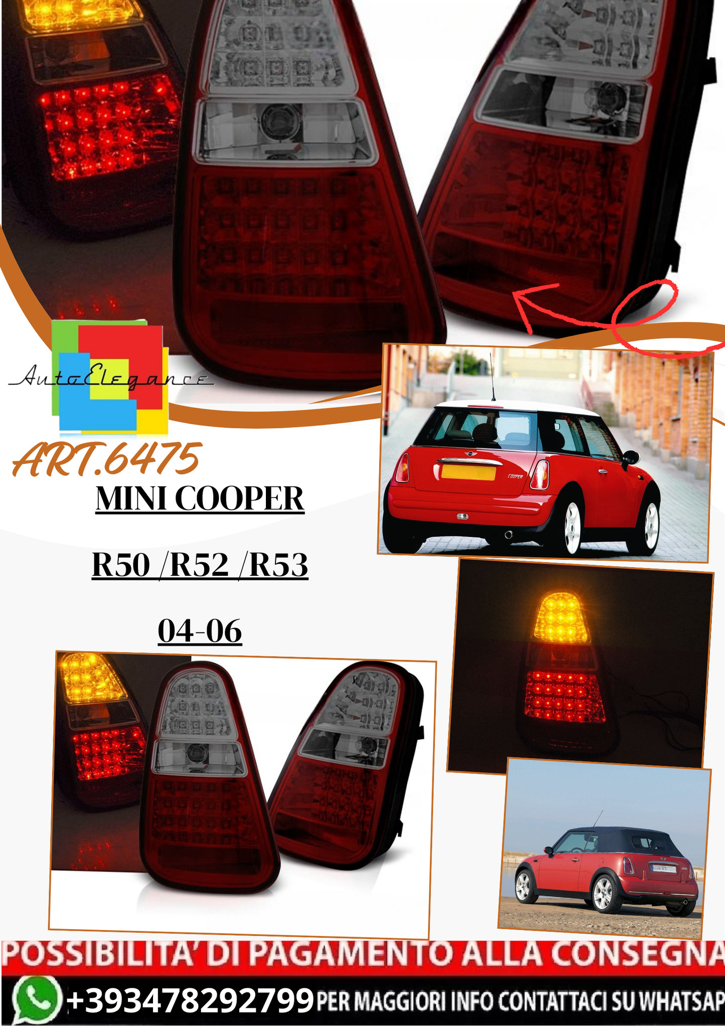 💫 ART.6475 Fanali posteriori LED rosso fume adatti per MINI COOPER R50 /R52 /R53 03-06 💫
