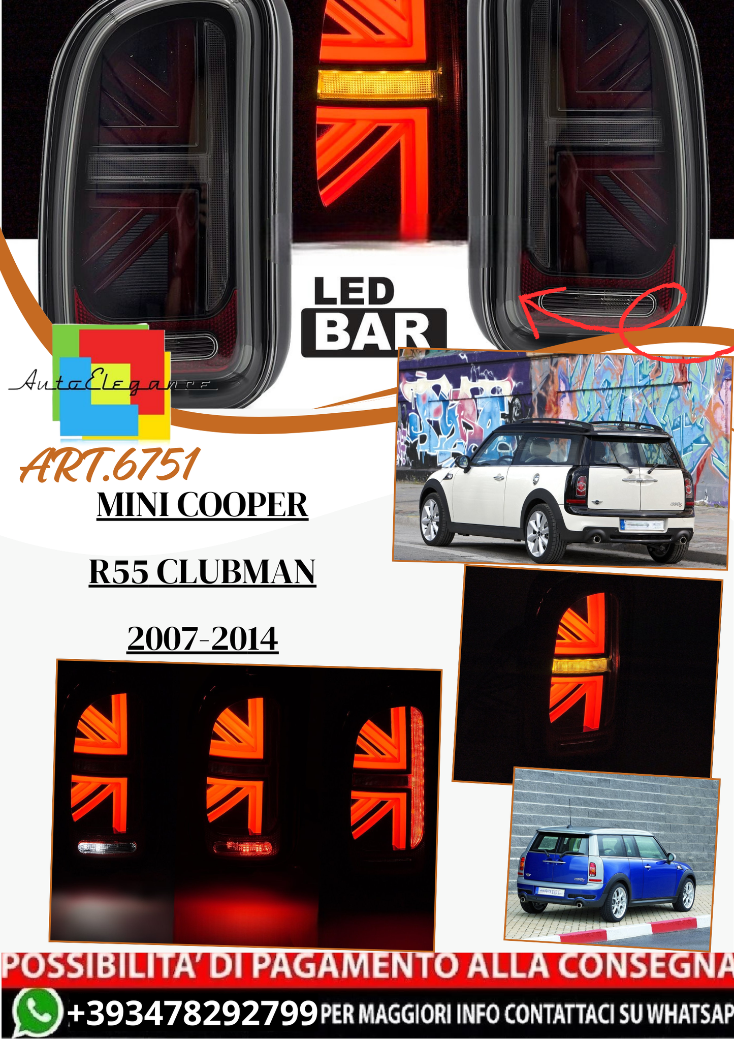 💫ART.6751 Fanale posteriore LED fume adatto per MINI COOPER R55 CLUBMAN 07-14💫