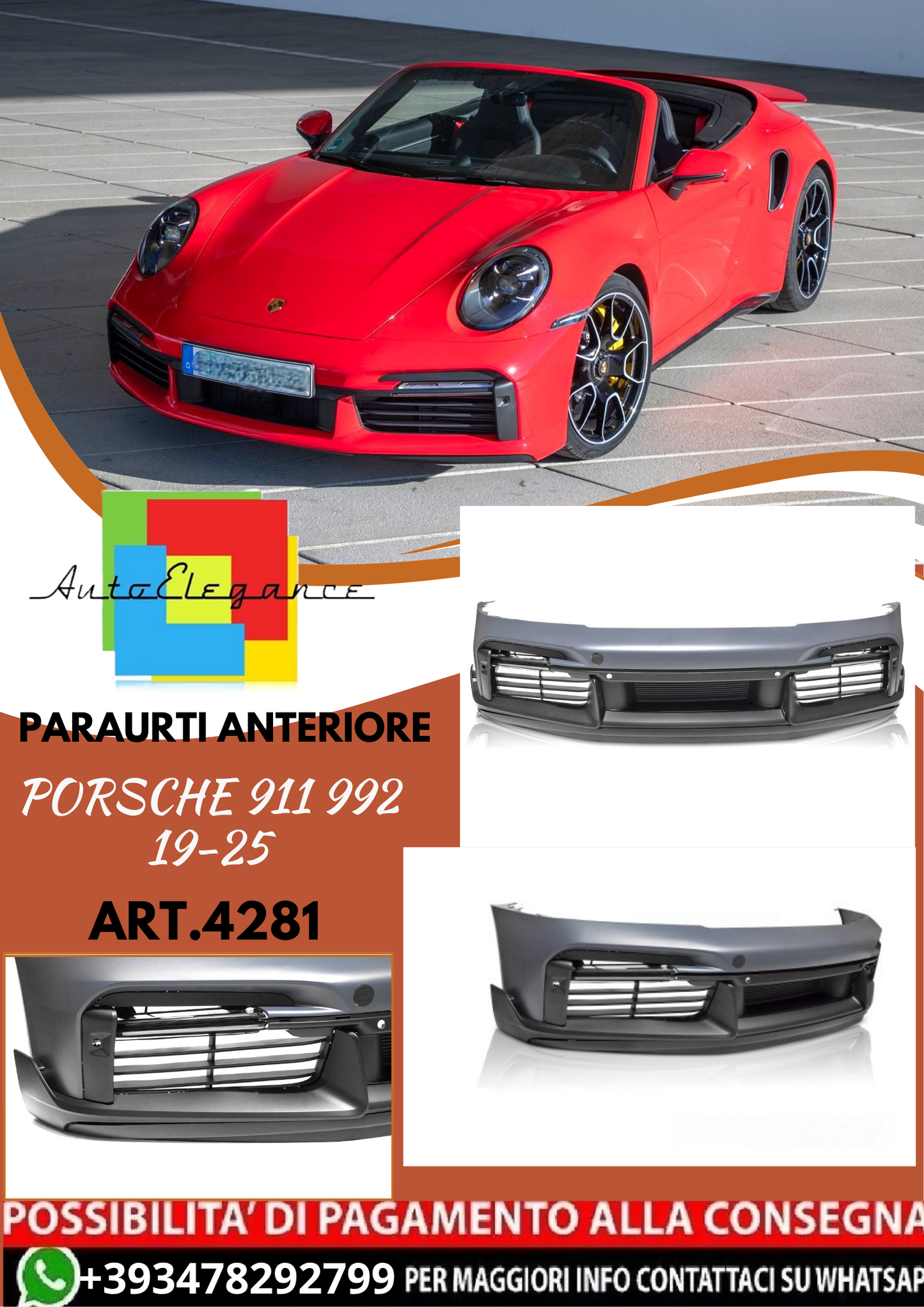 💥ART.4281 Paraurti Anteriore adatto per PORSCHE 911 992 19-25💥