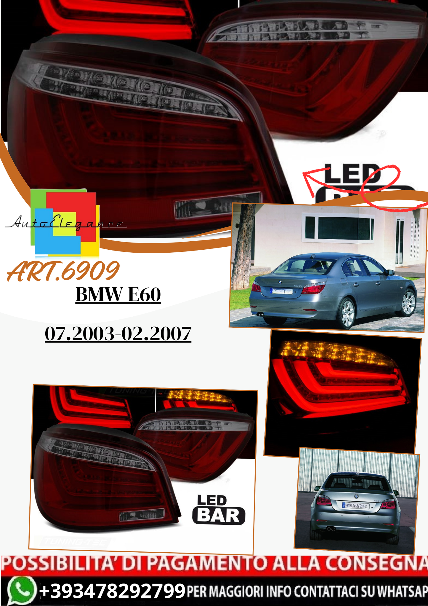 💫ART.6909 Fanale posteriore LED rosso fume adatto per BMW E60 07.2003-02.2007💫