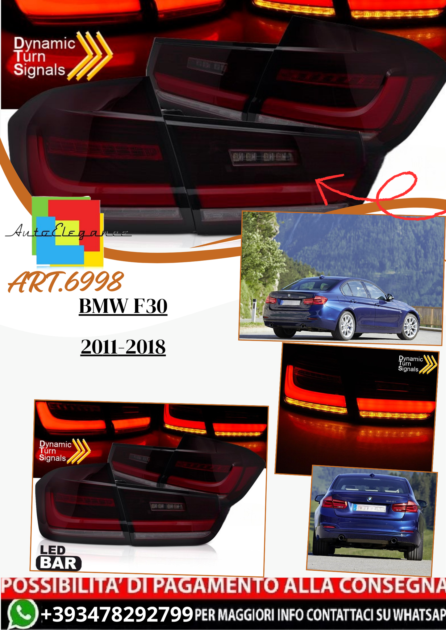 💫ART.6998 Fanale posteriore LED rosso fume adatto per BMW F30 2011-2018💫
