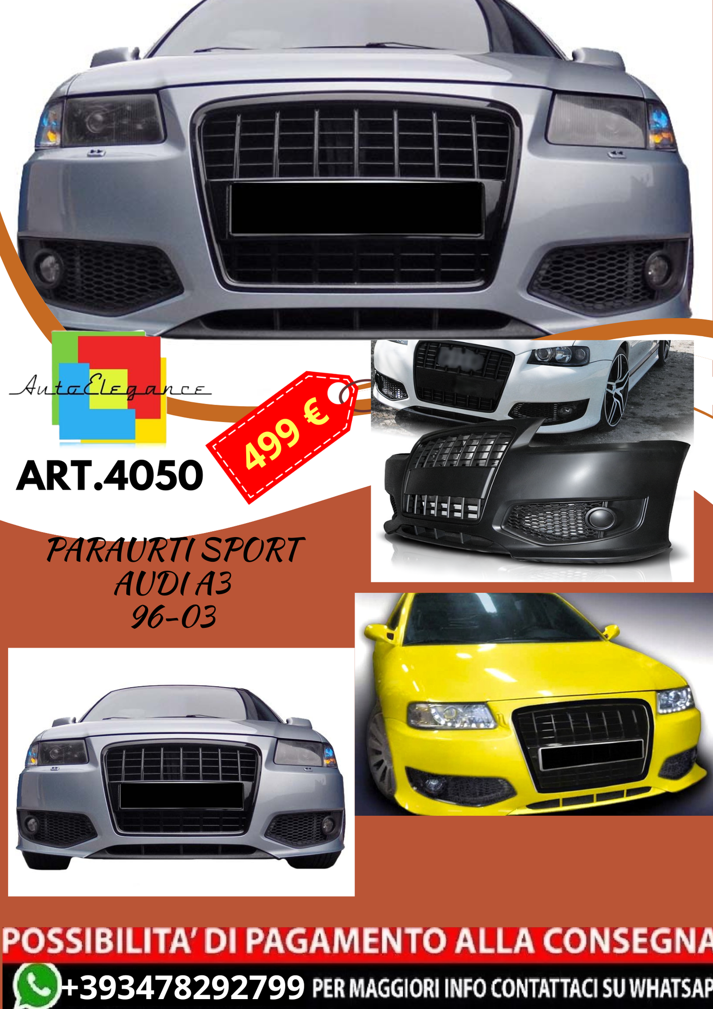 💥ART.4050 PARAURTI ANTERIORE SPORT adatto per AUDI A3 96-03 LOOK RS3💥