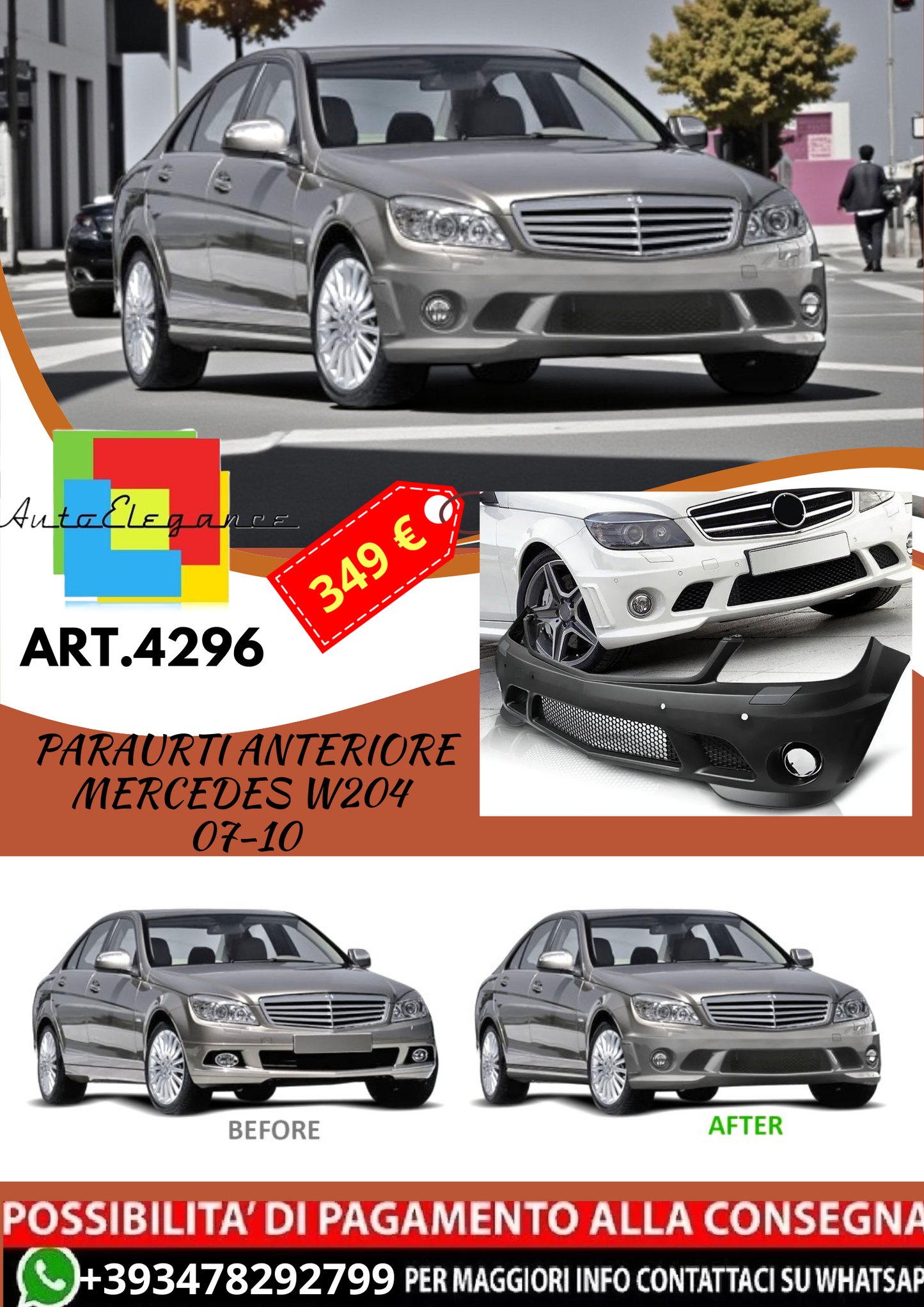 💥ART.4296 Paraurti Anteriore adatto per MERCEDES W204 07-10 LOOK AMG💥