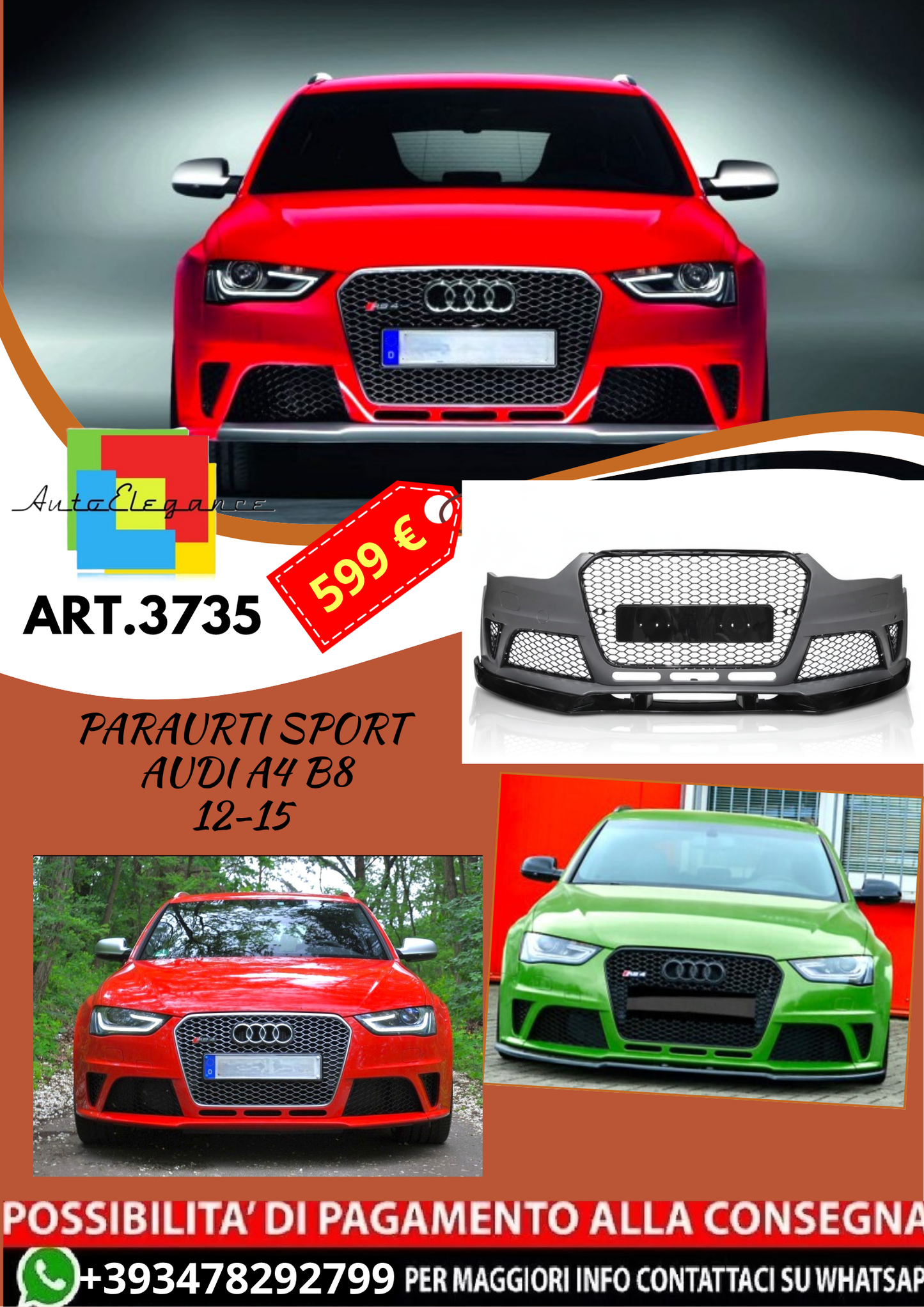 💥ART.3735 PARAURTI ANTERIORE SPORT adatto per AUDI A4 B8 12-15💥