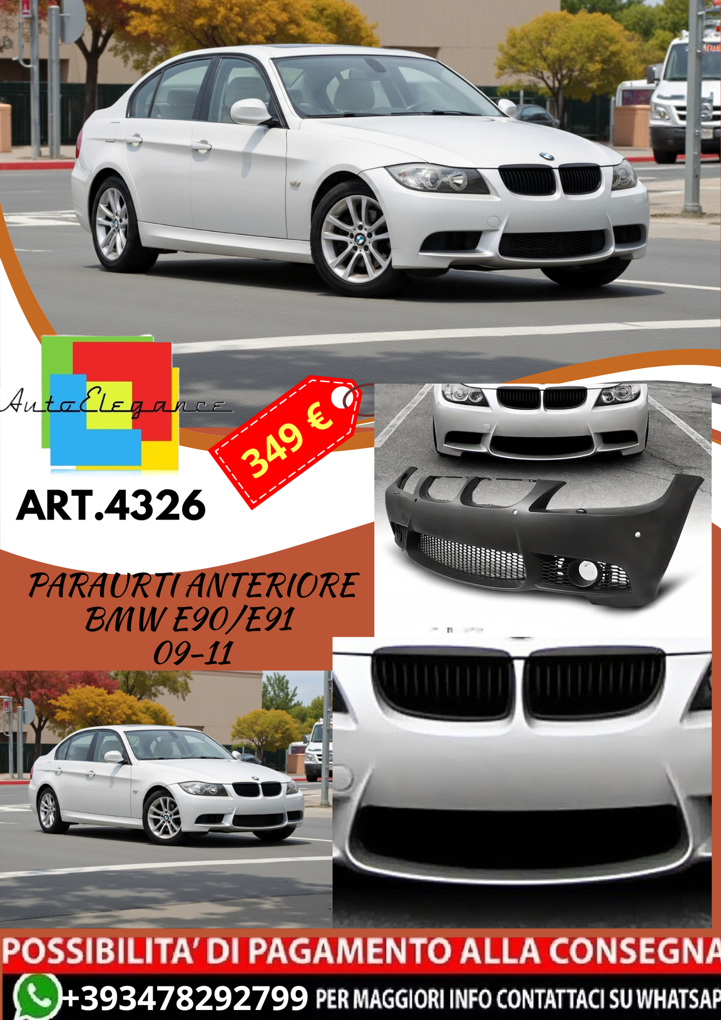 💥ART.4326 Paraurti Anteriore adatto per BMW E90/E91 09-11 LOOK M3💥