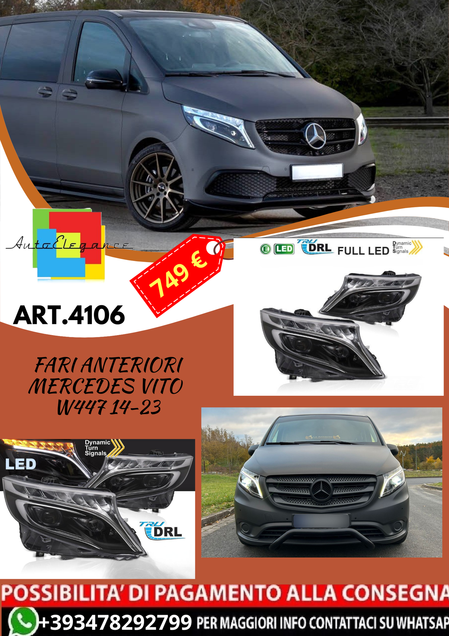 💥ART.4106 Fari Anteriori Full LED Nero adatto per MERCEDES V-Class / Vito W447 14-23💥