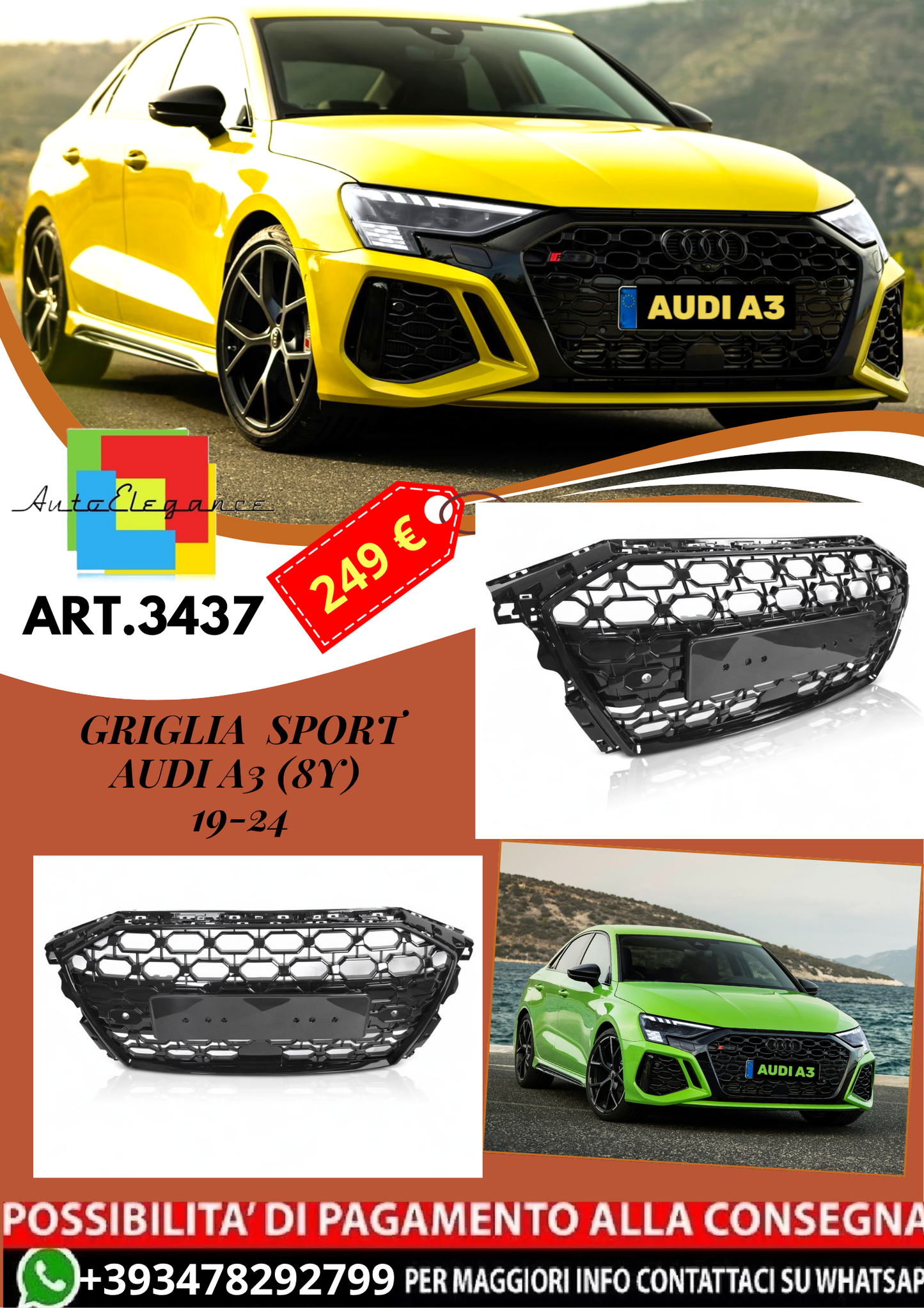 💥ART.3437 GRIGLIA SPORT adatto per AUDI A3 (8Y) 19-24💥