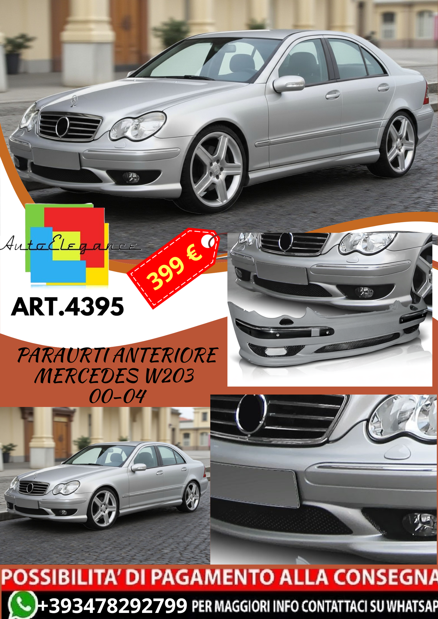 💥ART.4395 Paraurti Anteriore adatto per MERCEDES W203 00-04 LOOK AMG💥