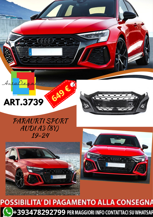 💥ART.3739 PARAURTI ANTERIORE SPORT adatto per AUDI A3 (8Y) 19-24💥