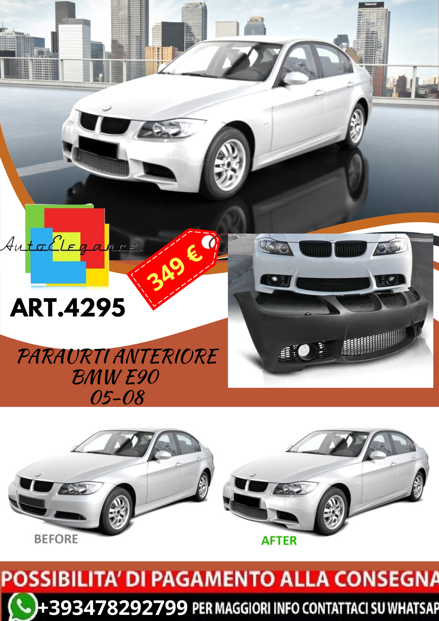 💥ART.4295 Paraurti Anteriore adatto per BMW E90 05-08 LOOK M3💥