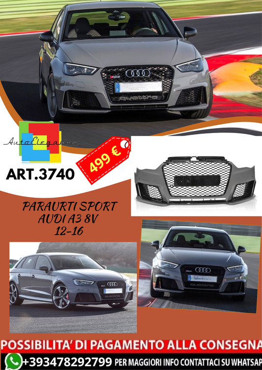 💥ART.3740 PARAURTI ANTERIORE SPORT adatto per AUDI A3 8V 12-16 LOOK RS3💥