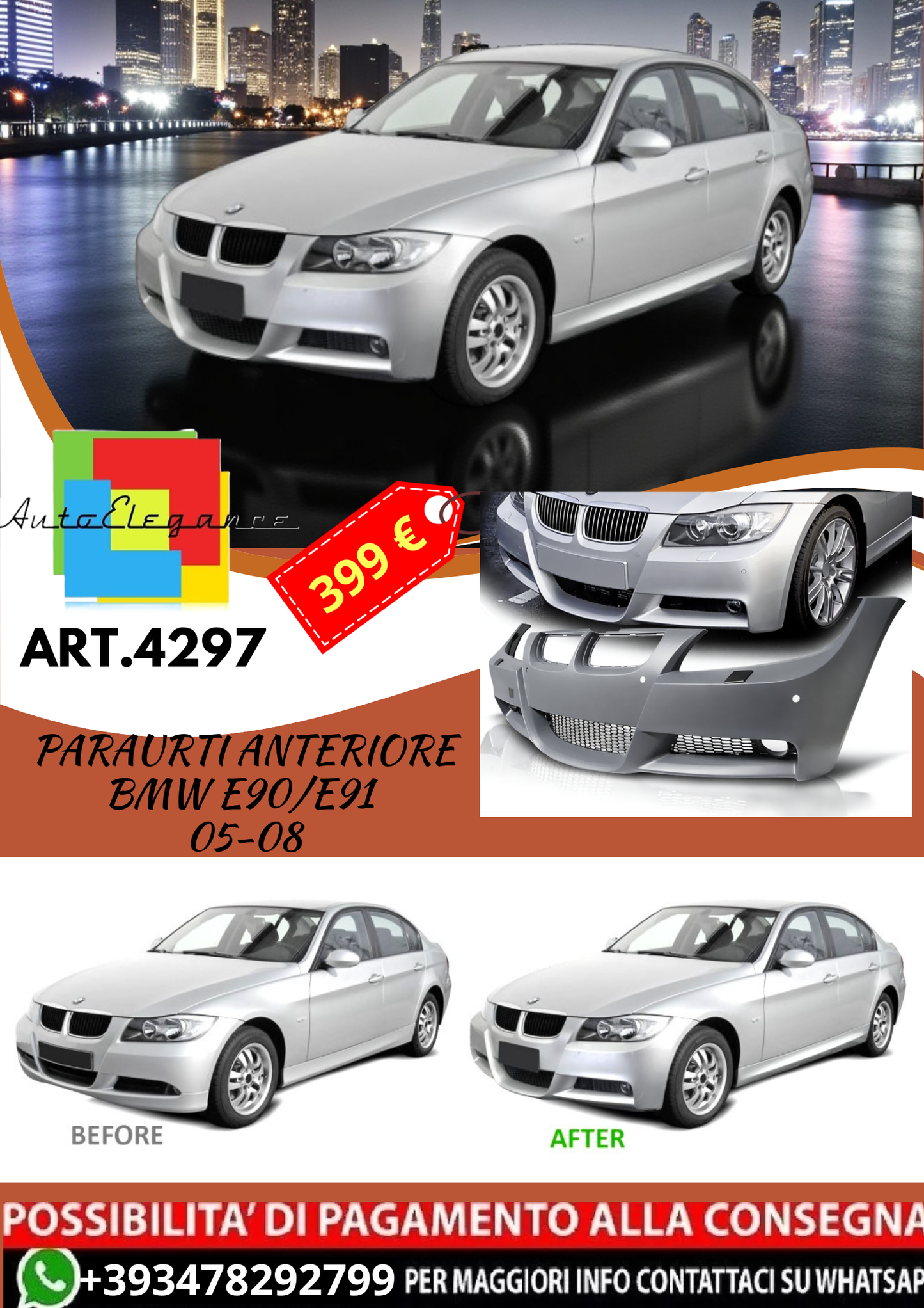 💥ART.4297 Paraurti Anteriore adatto per BMW E90/E91 05-08 LOOK M3💥