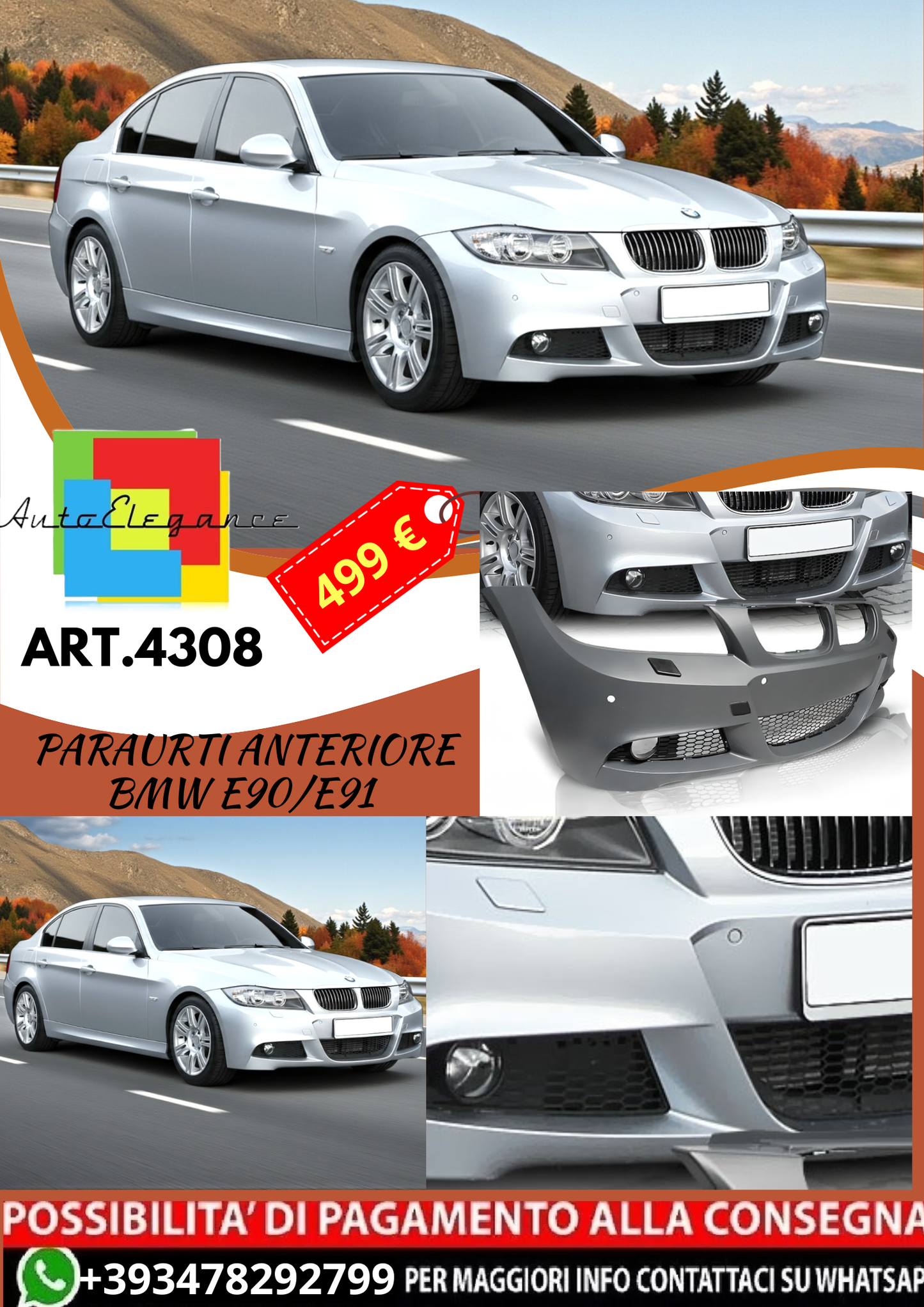 💥ART.4308 Paraurti Anteriore adatto per BMW E90/E91 09-11 LOOK M3💥