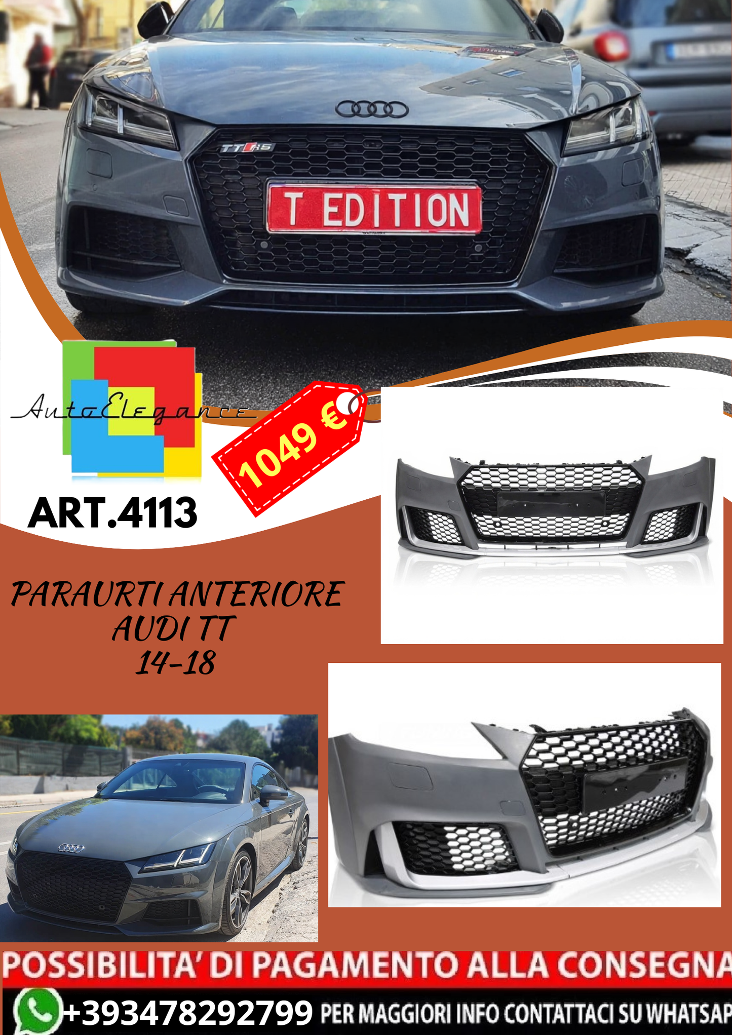 💥ART.4113 Paraurti Anteriore adatto per AUDI TT 14-18 LOOK S LINE💥