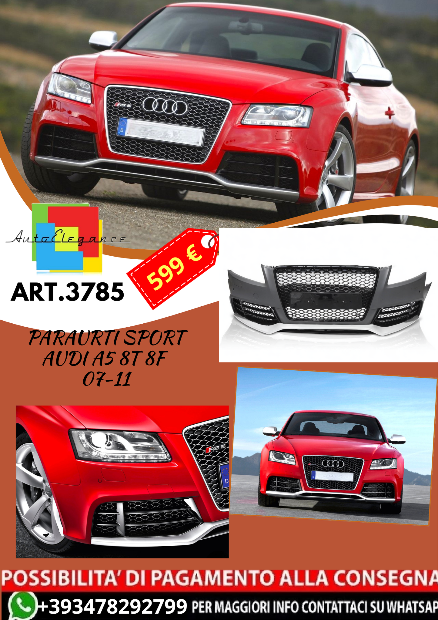 💥ART.3785 PARAURTI ANTERIORE SPORT adatto per AUDI A5 8T 8F 07-11 LOOK RS5💥