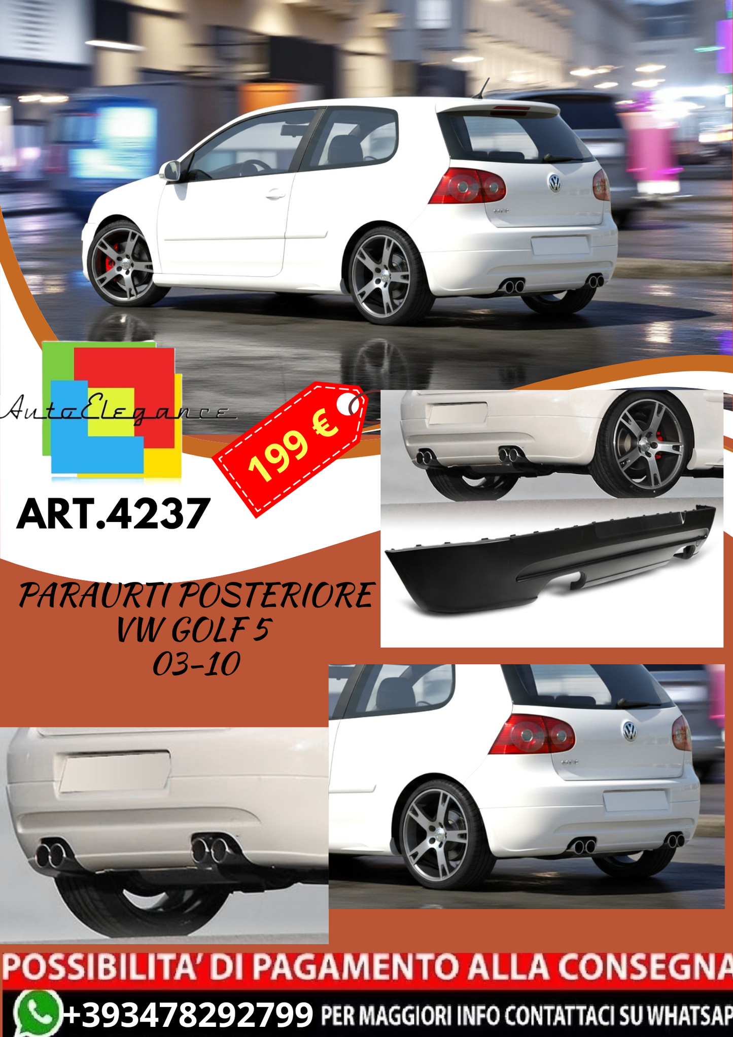 💥ART.4237 Paraurti Posteriore adatto per VW GOLF 5 03-10 LOOK GTI💥