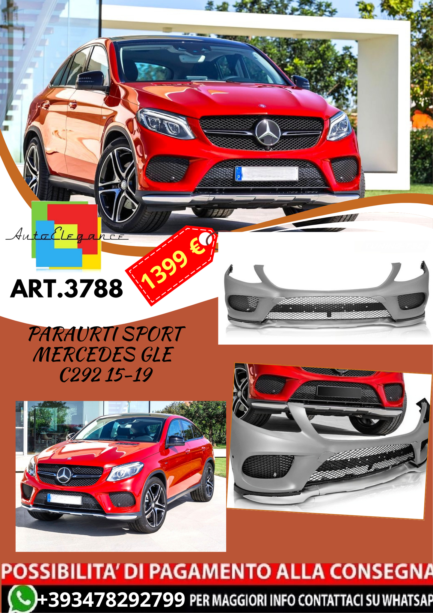 💥ART.3788 PARAURTI ANTERIORE SPORT adato per MERCEDES GLE C292 15-19 LOOK AMG💥