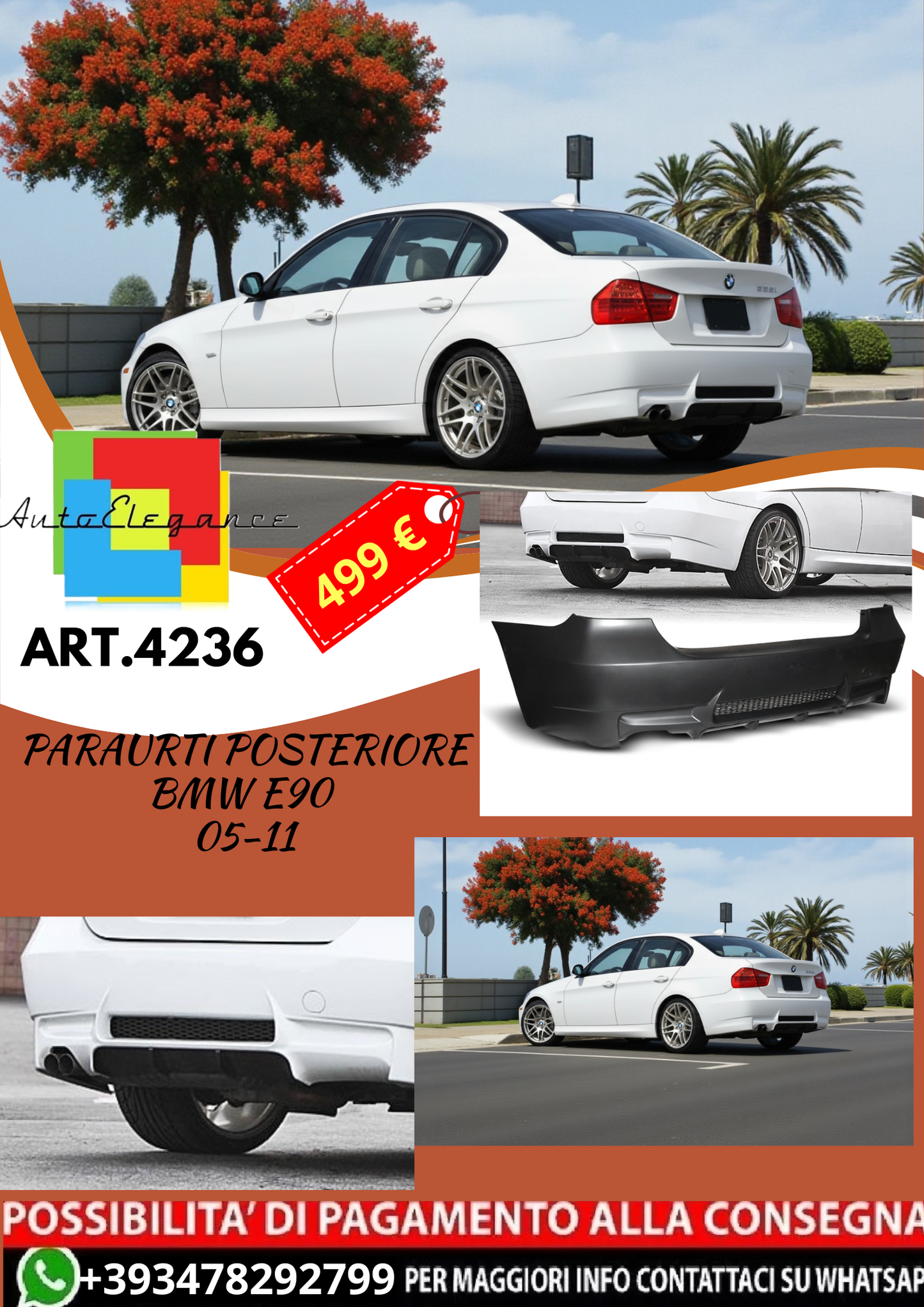 💥ART.4236 Paraurti Posteriore adatto per BMW E90 05-11 LOOK M3💥