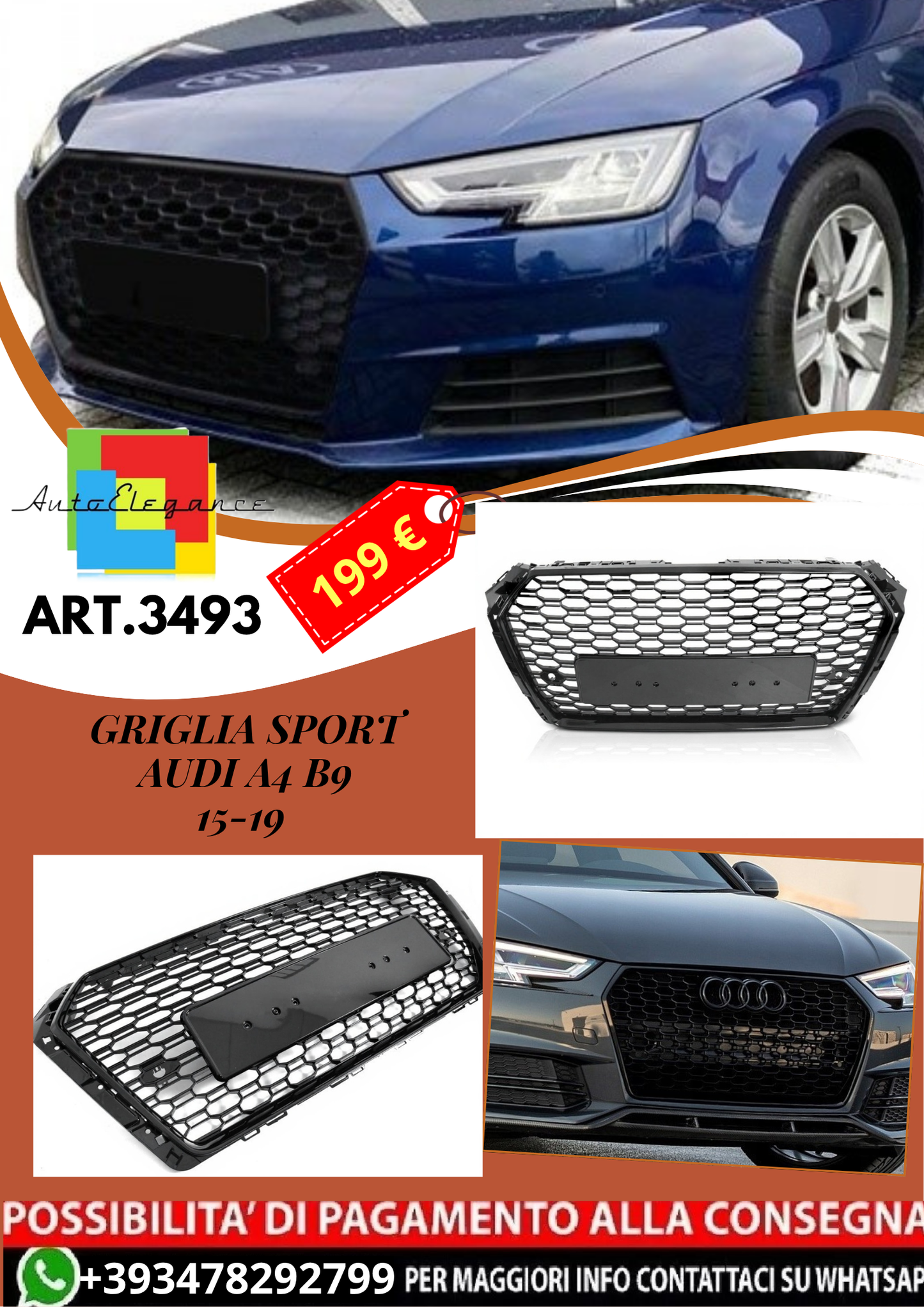 💥ART.3493 GRIGLIA SPORT adatto per AUDI A4 B9 15-19💥
