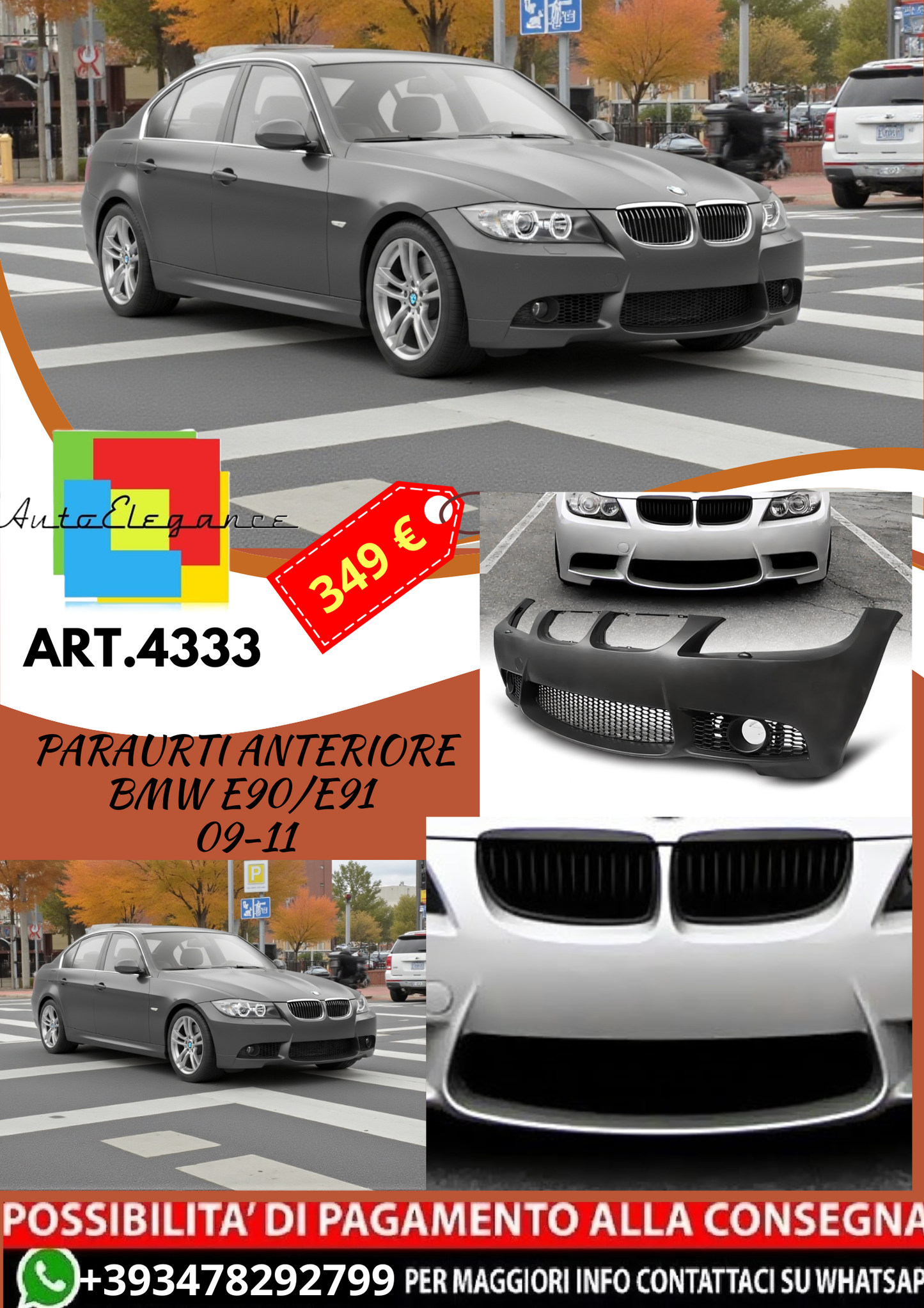 💥ART.4333 Paraurti Anteriore adatto per BMW E90/E91 09-11 LOOK M3💥