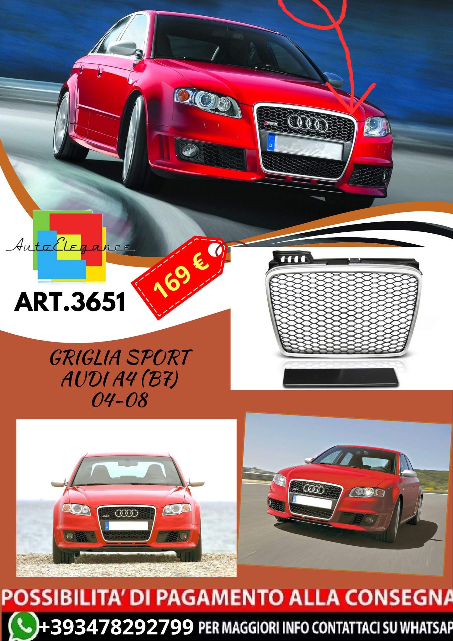 💥ART.3651 GRIGLIA SPORT adatto per AUDI A4 (B7) 04-08💥