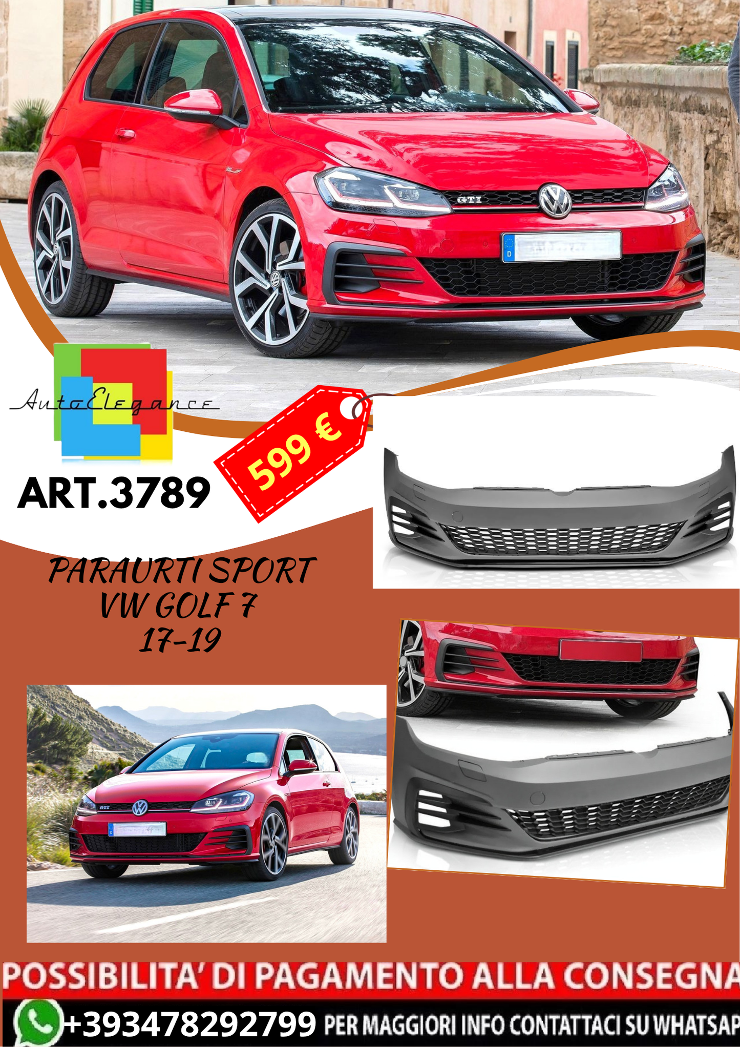 💥ART.3789 PARAURTI ANTERIORE SPORT adato per VW GOLF 7 17-19 LOOK GTI💥
