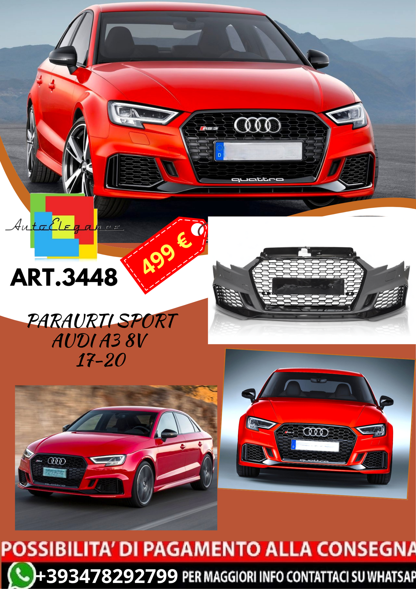 💥ART.3448 PARAURTI ANTERIORE SPORT PDC per AUDI A3 8V 17-20 LOOK RS3💥