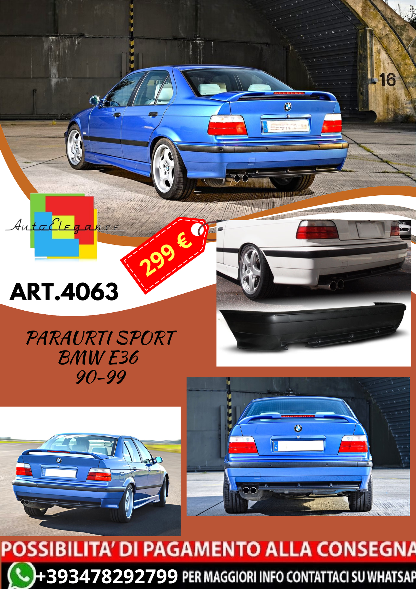 💥ART.4063 PARAURTI POSTERIORE SPORT adatto per BMW E36 90-99 LOOK M3💥